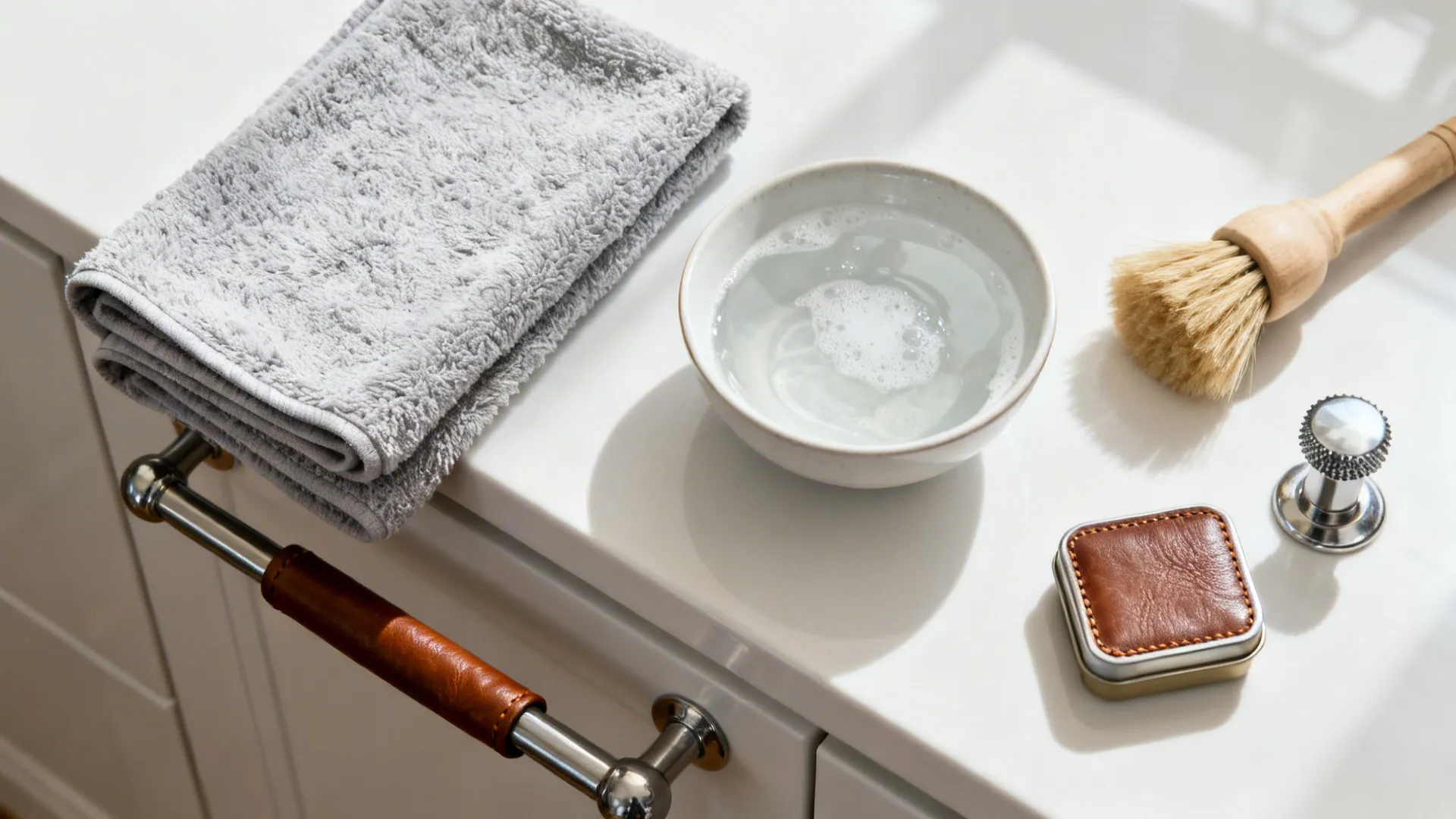 Top-down view of a microfiber cloth, mild soap, soft brush, and leather balm beside a trolley handle.
