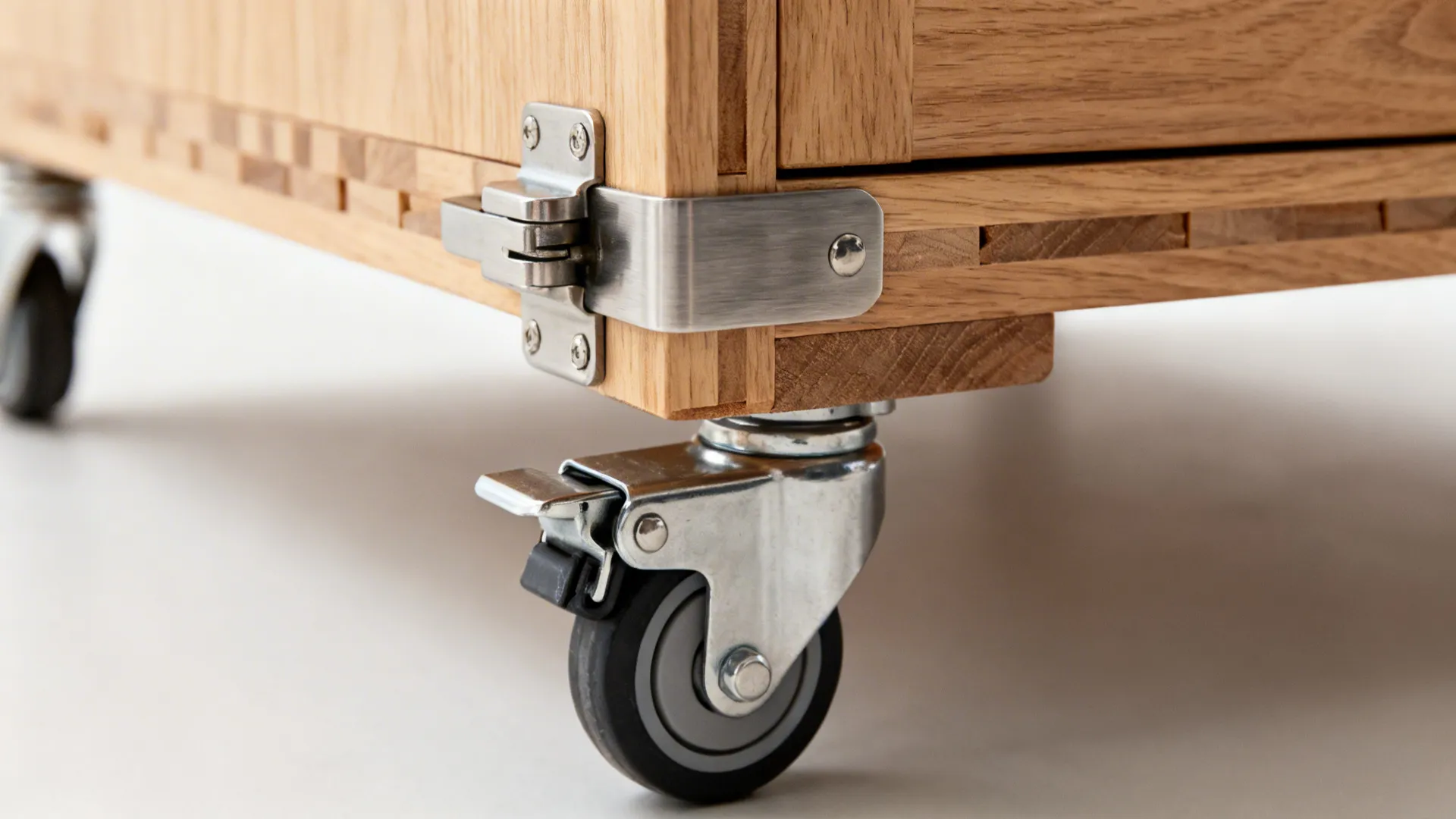 Close up view of a small black swivel wheel attached to a light wooden cabinet