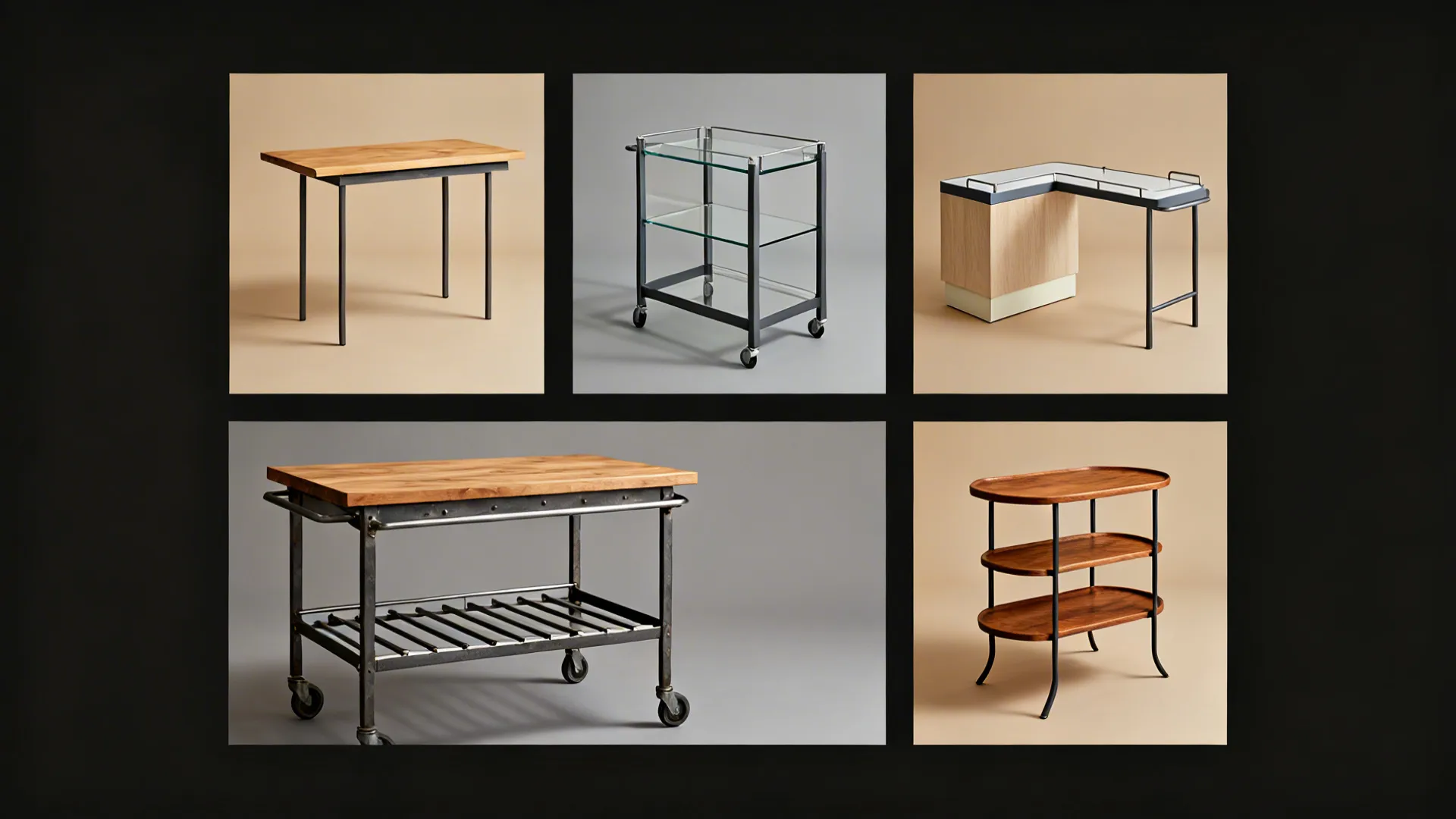 Collage showing five different styles of kitchen carts and tables made of wood and glass