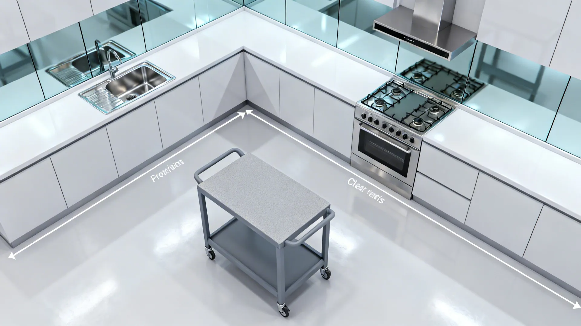 Top view of kitchen layout with white cabinets plus a grey cart on wheels center