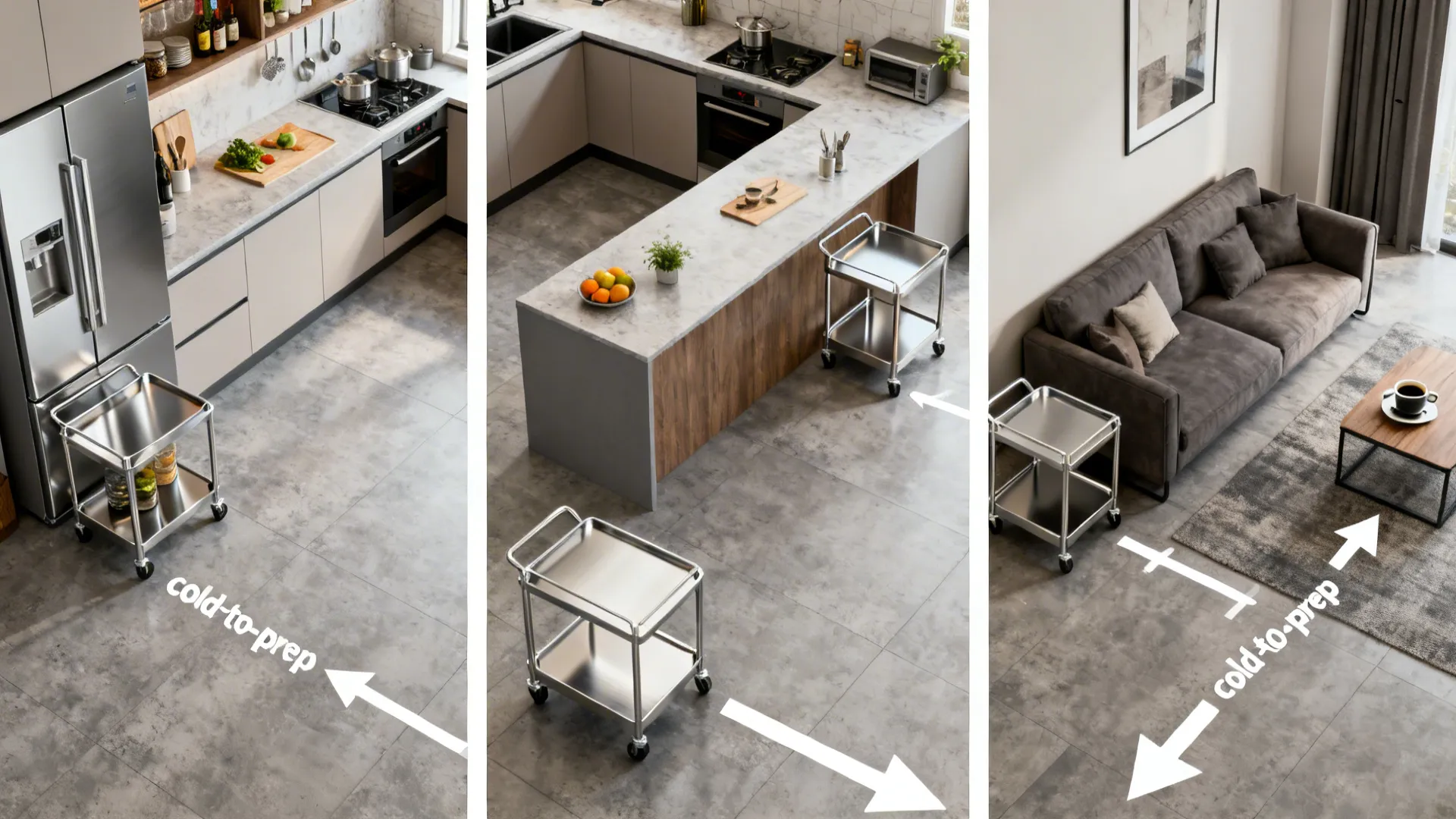 Three images showing a metal cart moving between the fridge, kitchen island, and living room sofa