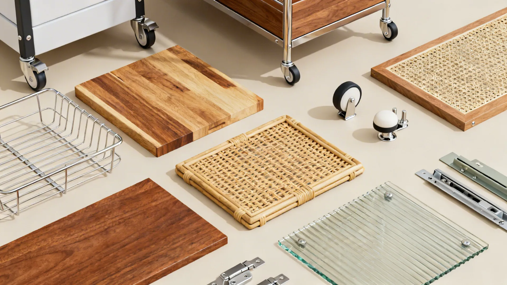 Flat lay of trolley materials and hardware from ABS and steel to solid wood, rattan, and fluted glass.