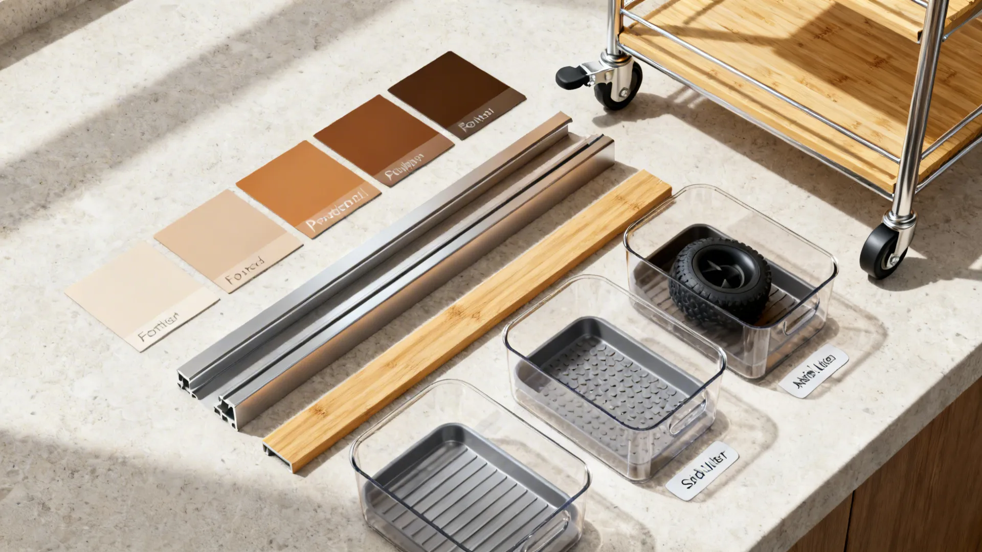 Flat lay of trolley assembly parts including color samples metal bars wooden slats and plastic bins