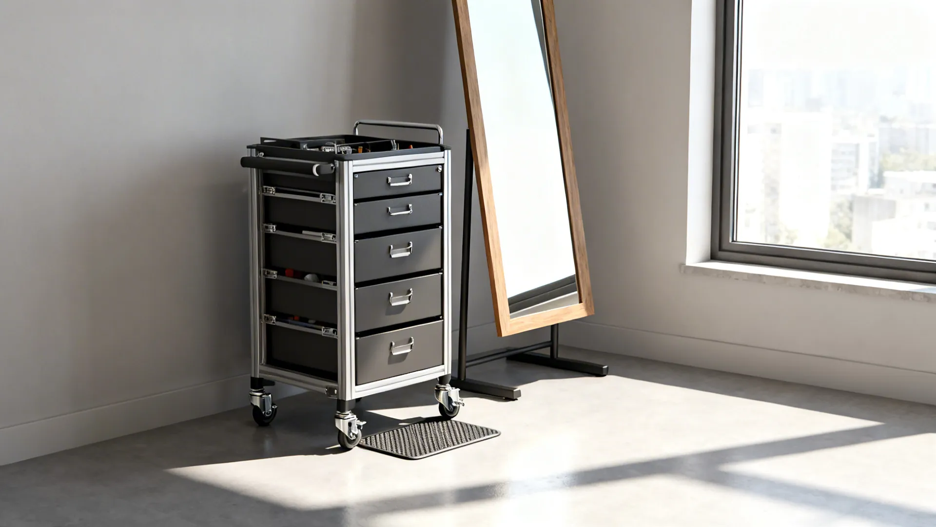 Mobile rolling trolley beside a full-length mirror on a stand in a bright apartment corner