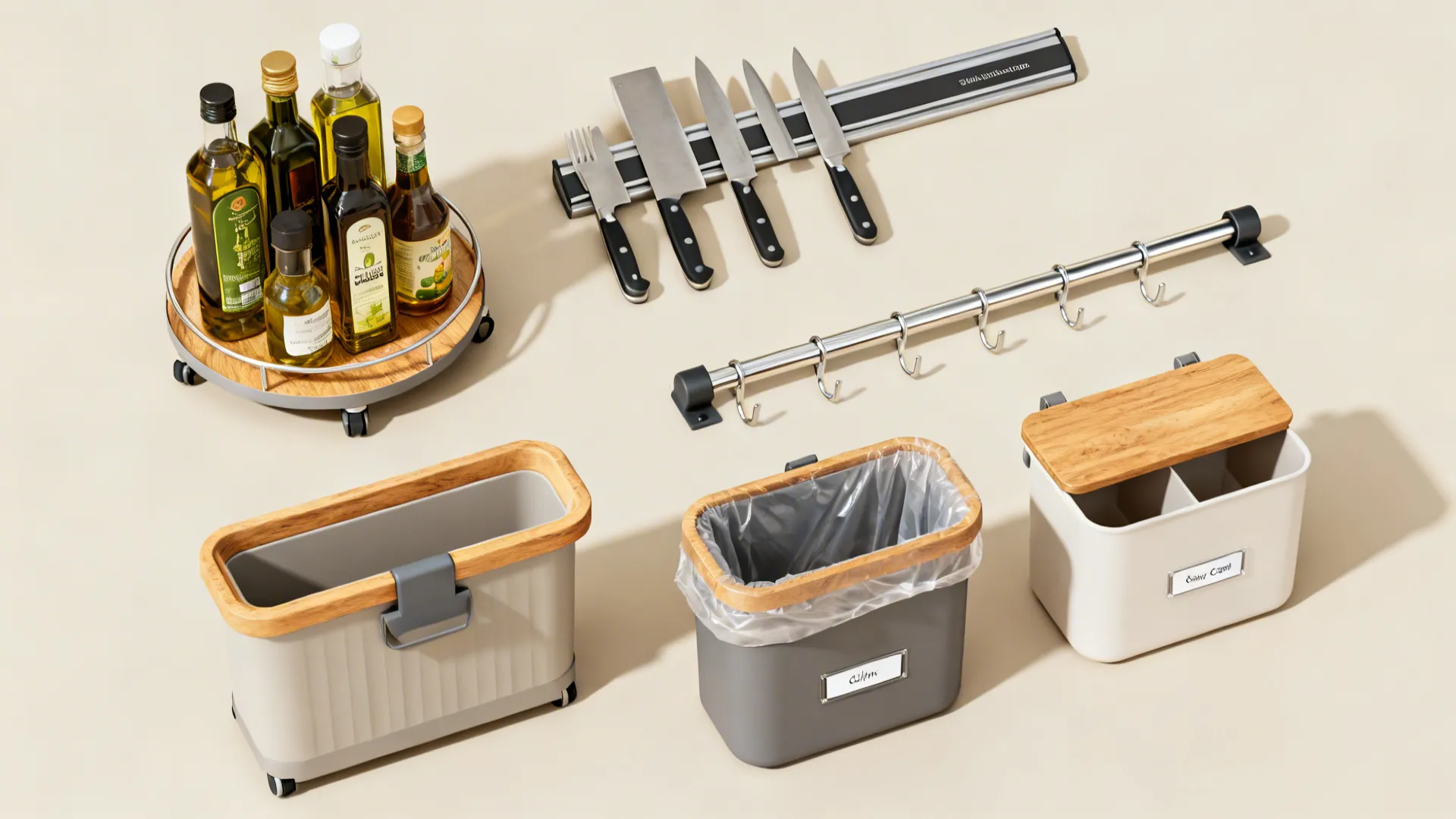 Flat lay of tiered turntables, magnetic strip, clip-on bin, and rail hooks for trolley organization.