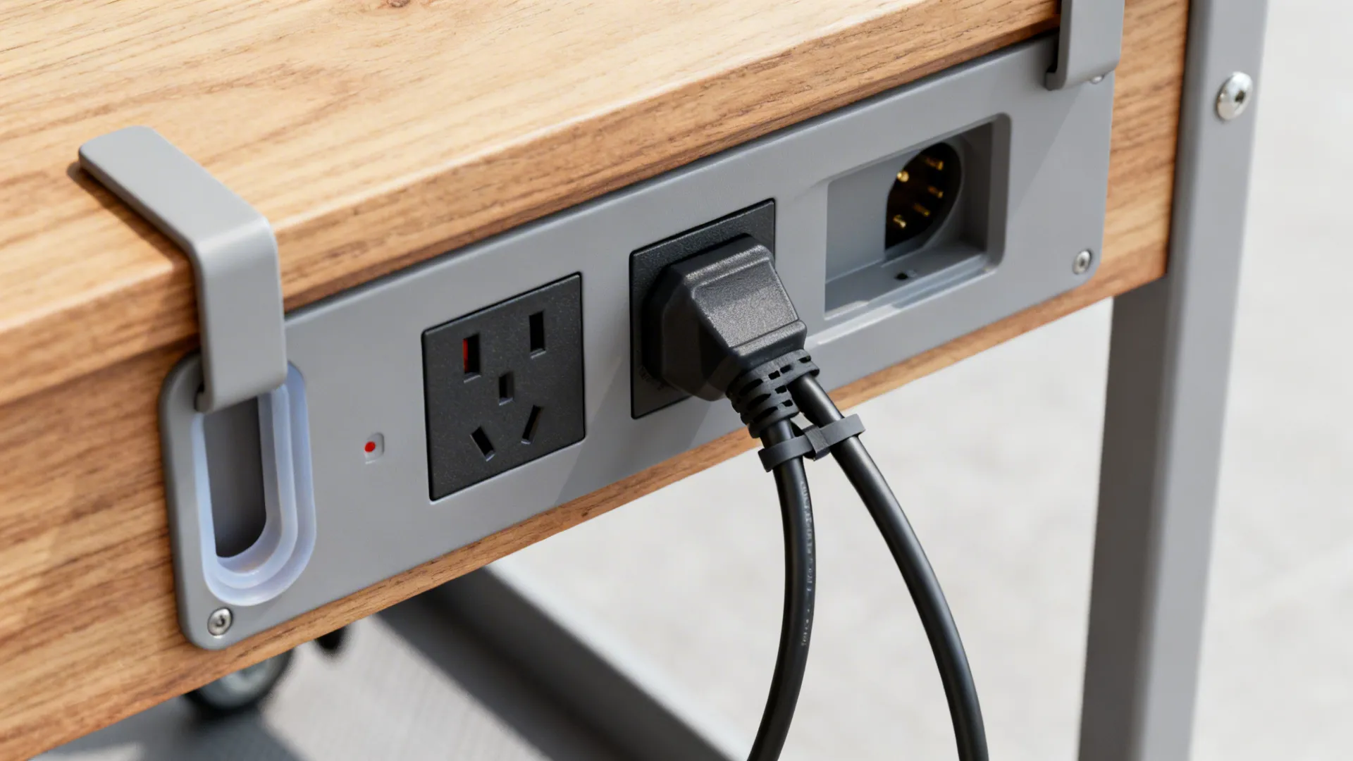 Close-up of a trolley’s surge-protected strip and silicone grommet cable pass-through.
