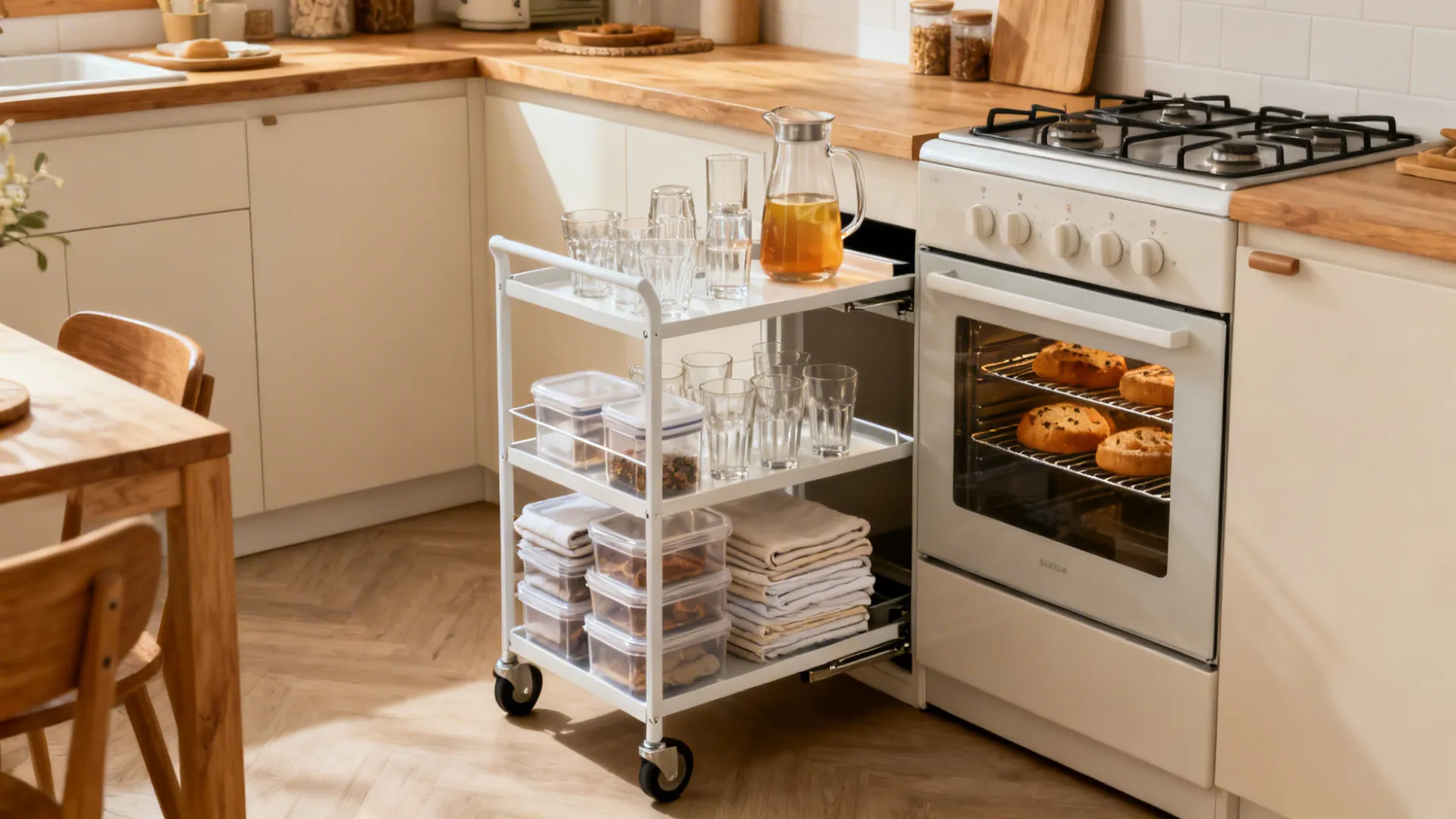 A kitchen trolley used for storage, as a drink station, and for baking day in a compact kitchen.