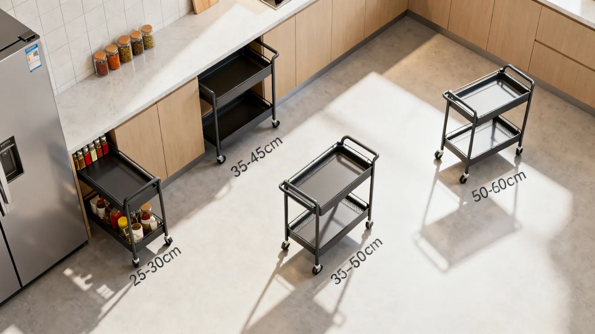 Top-down comparison of ultra-narrow, slim, and compact island trolleys in a small kitchen layout.