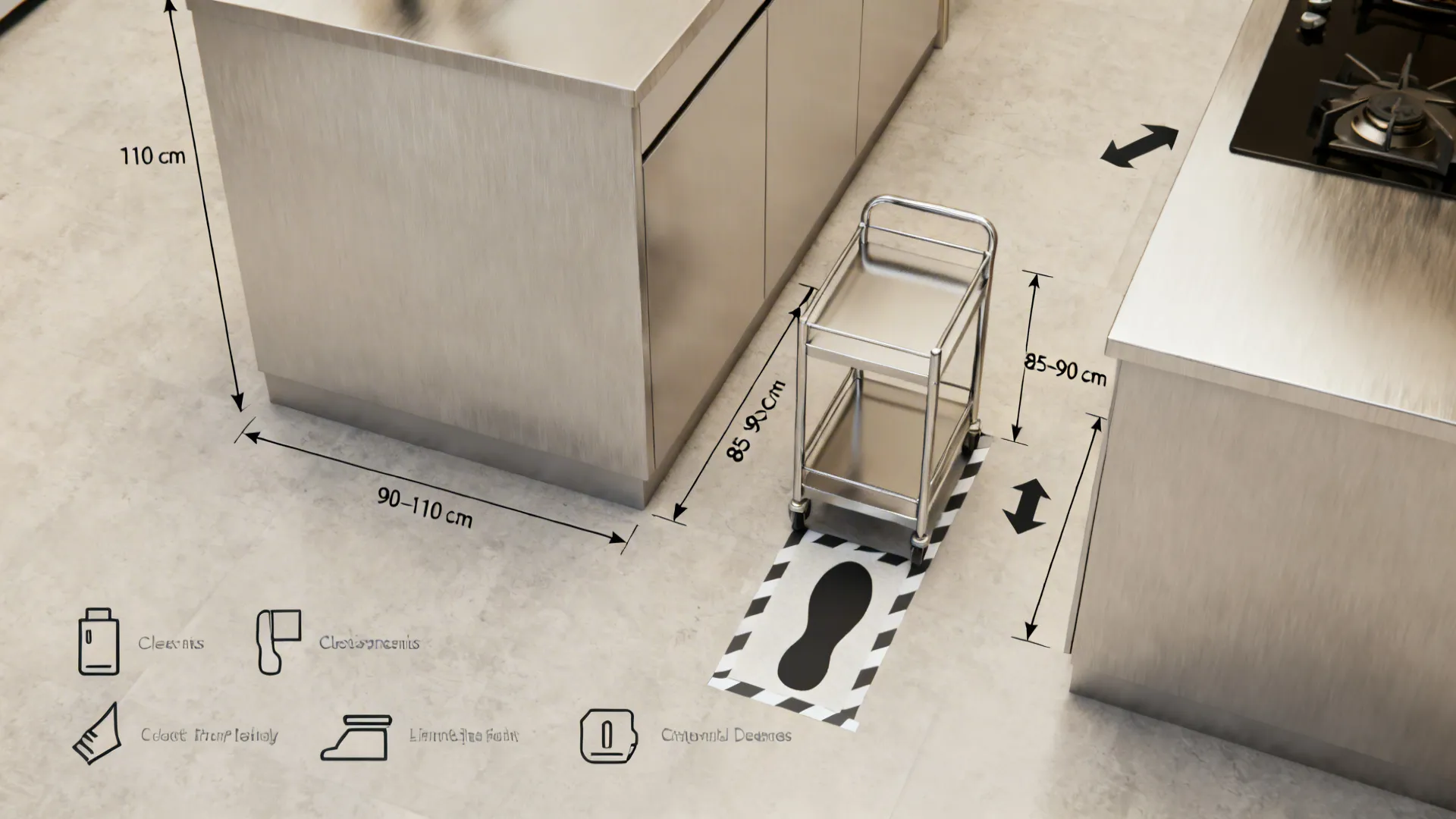 Technical diagram showing recommended measurements and spacing for small metal trolley in a modern kitchen