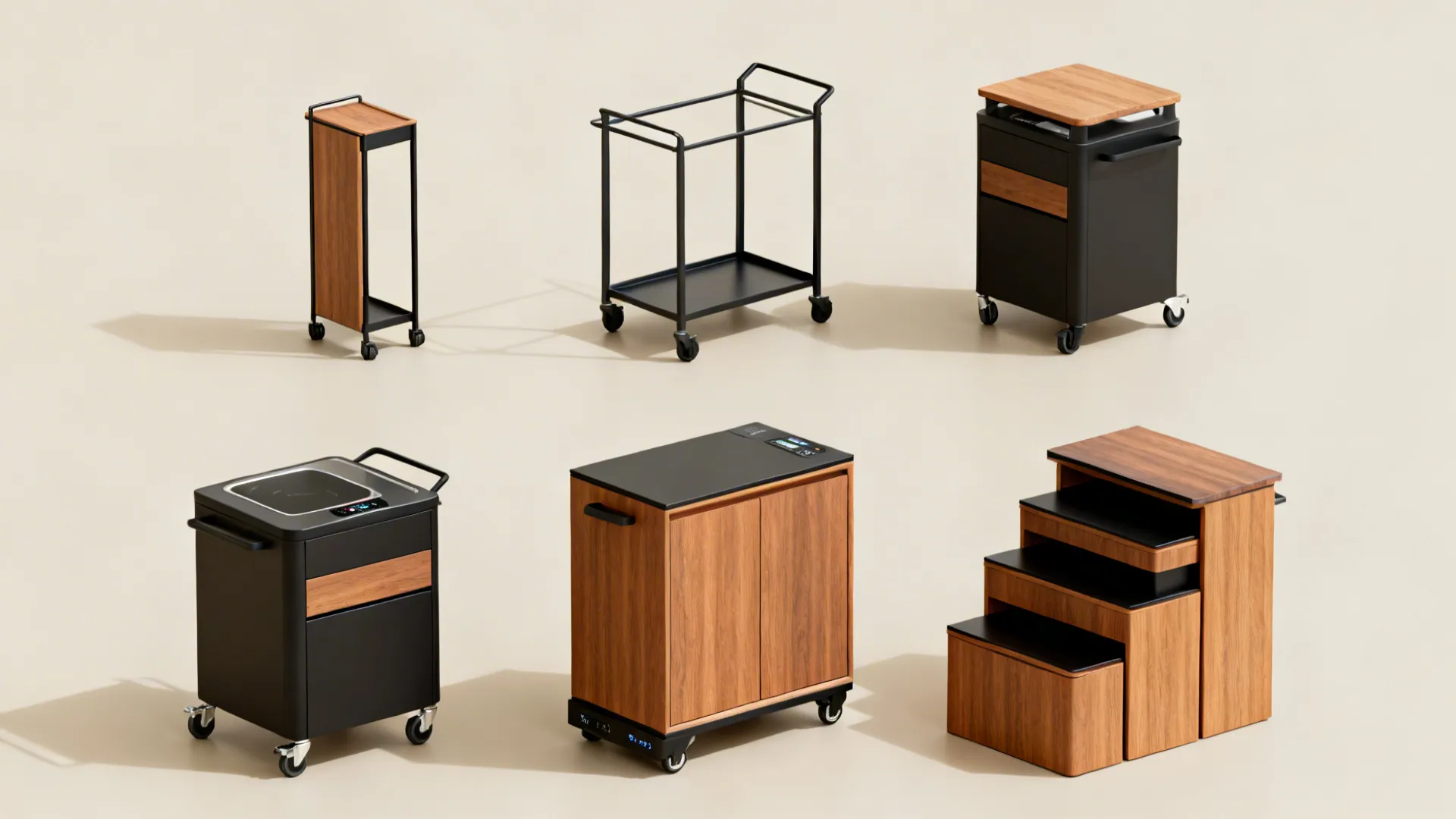 Five kitchen trolley types styled together in a cohesive compact kitchen setting.