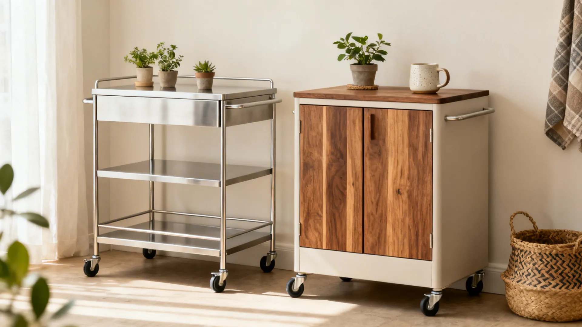 Compact kitchen with a steel cart and a cabinet-style trolley under soft daylight.