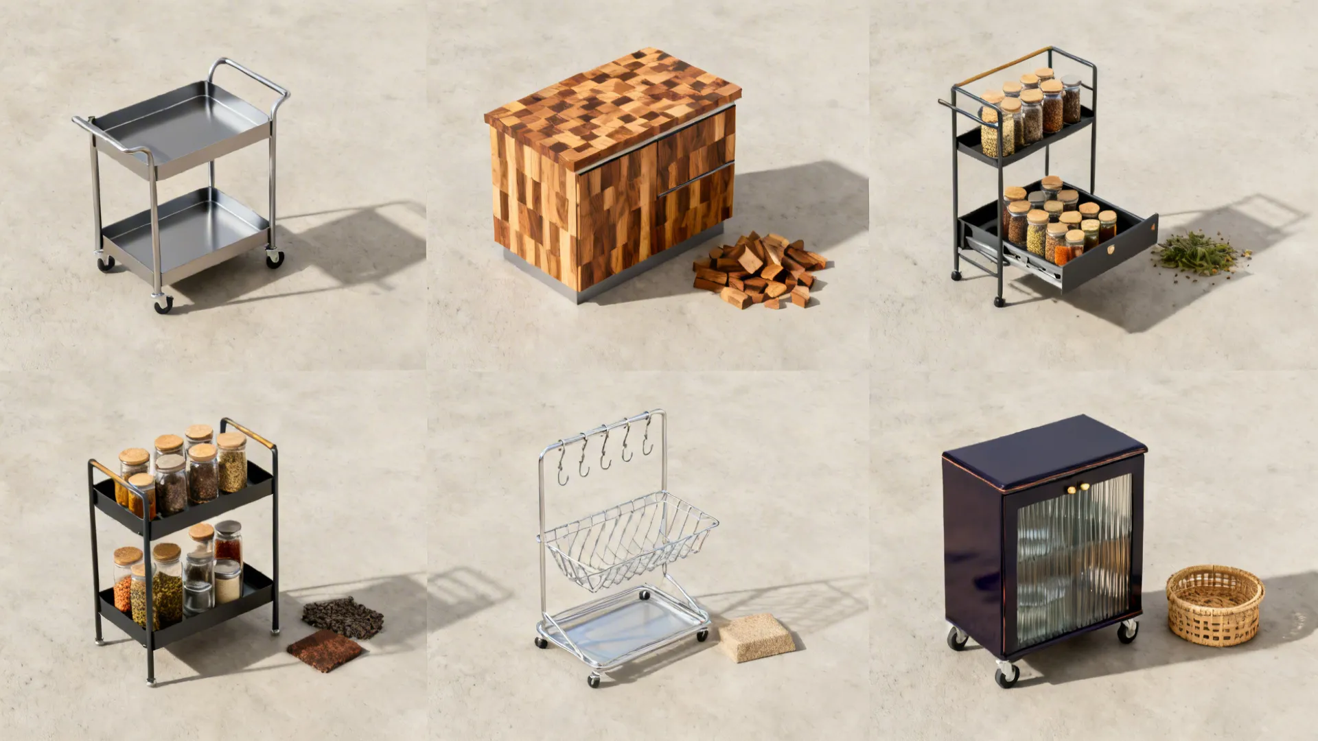 Flat lay comparing materials for five kitchen trolley types in a clean layout.