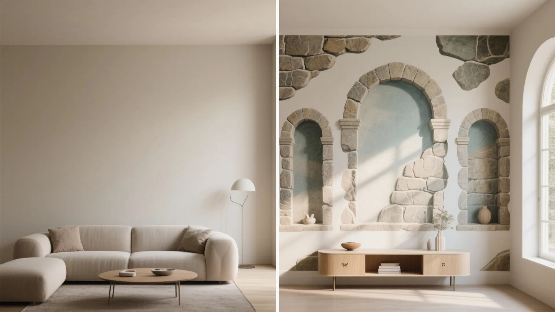Before and after comparison of a plain white wall versus a stone arch wallpaper design