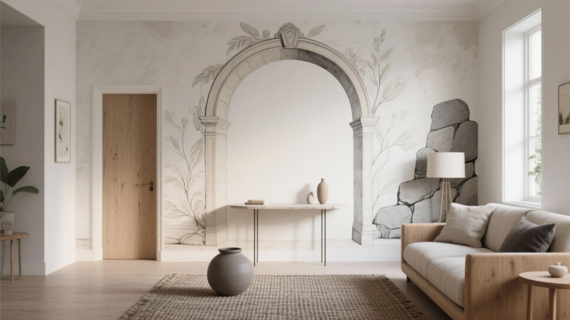 Interior living room with classical arch wall drawing wooden door beige sofa and simple furniture