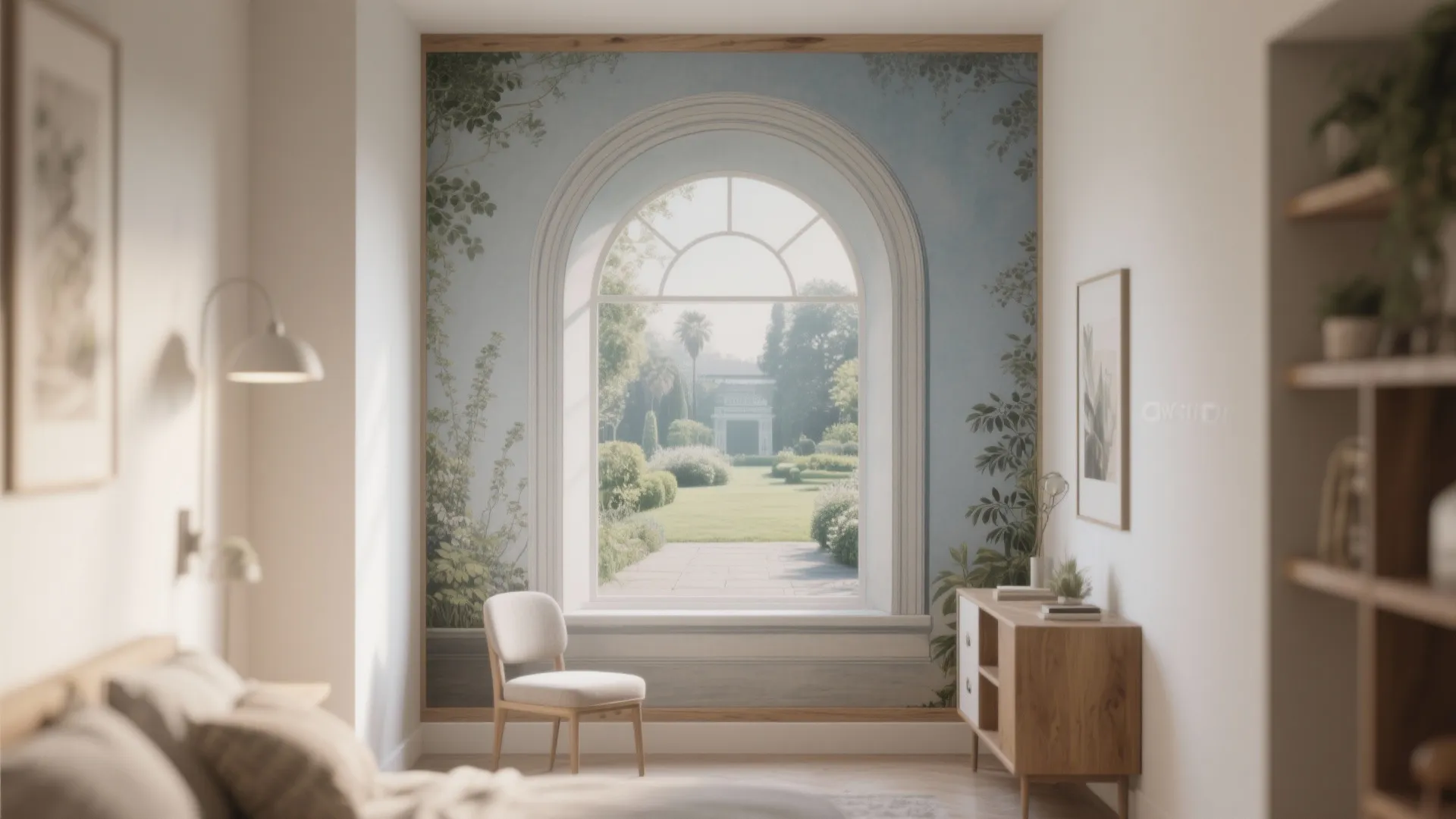 Trompe-l’oeil windows or arches to “open” the room