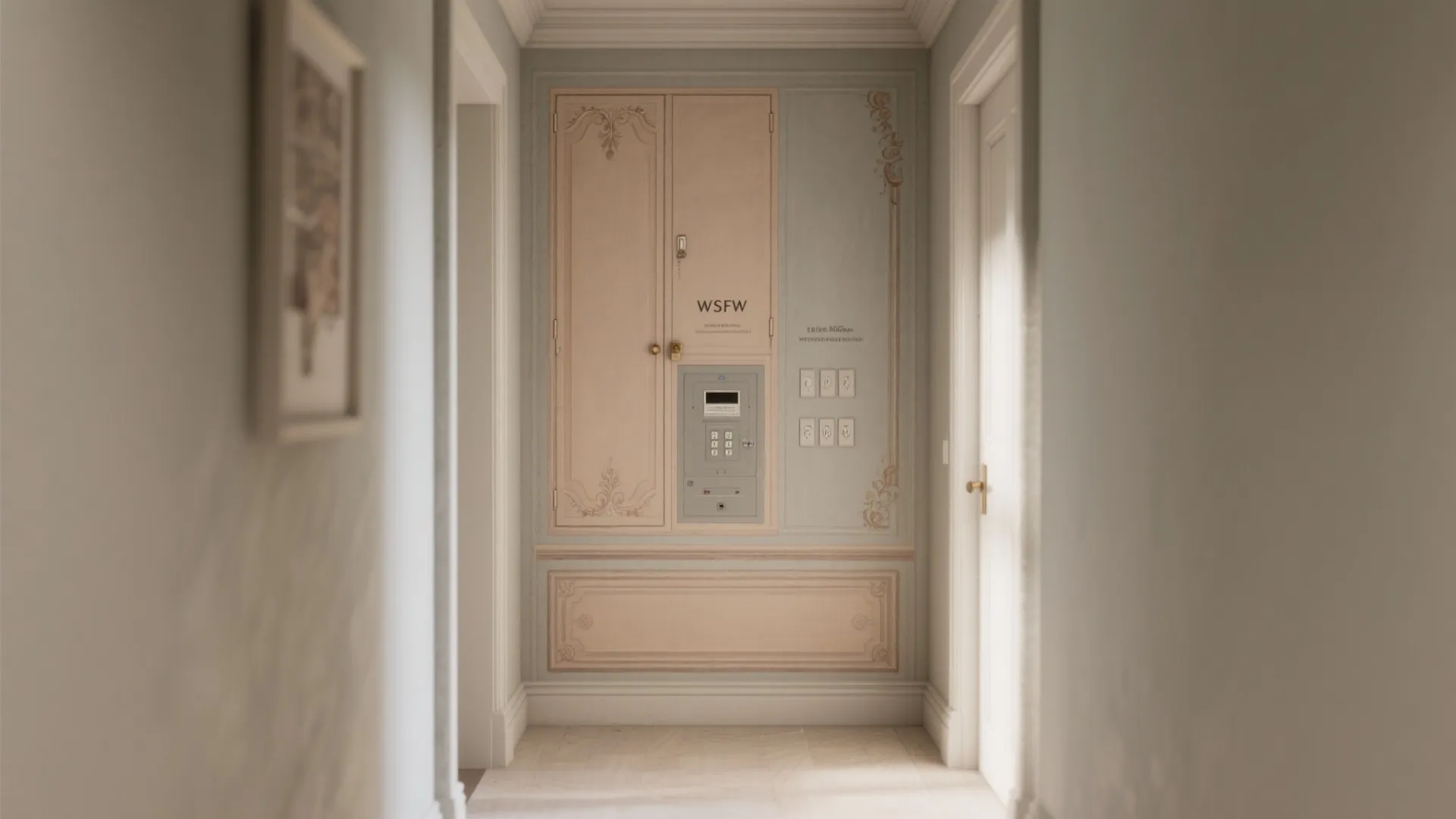 Hallway interior design drawing showing a decorative cabinet with built-in wall panel and control buttons