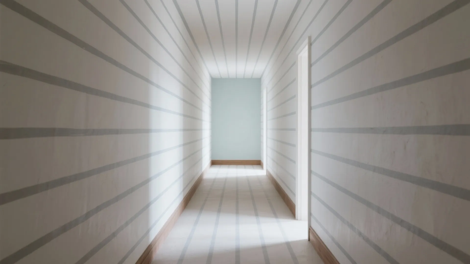 Long hallway with grey horizontal stripes on white walls leading to a light blue door