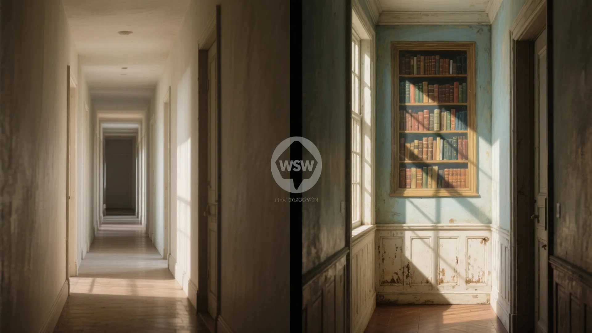 Before and after comparison of a long empty hallway and a hallway with painted bookshelf
