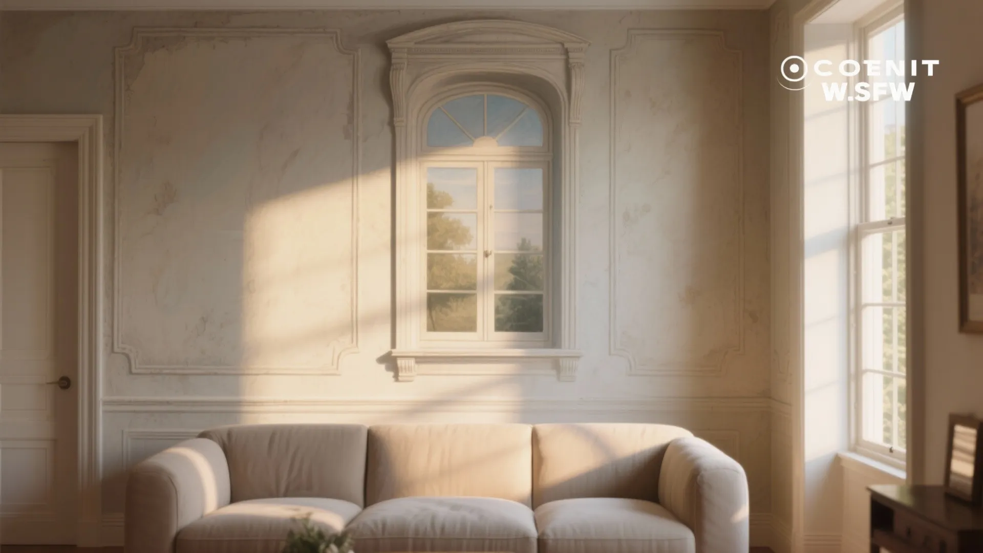Faux architectural trompe-l'oeil window and moulding painted above a sofa, with believable shadows.