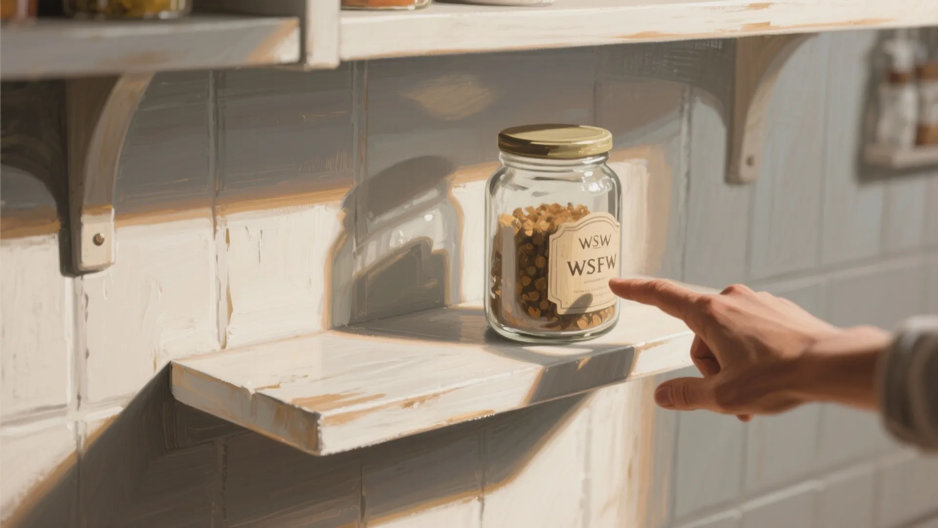 Human hand pointing at glass jar on white shelf with painted shadow wall effect kitchen