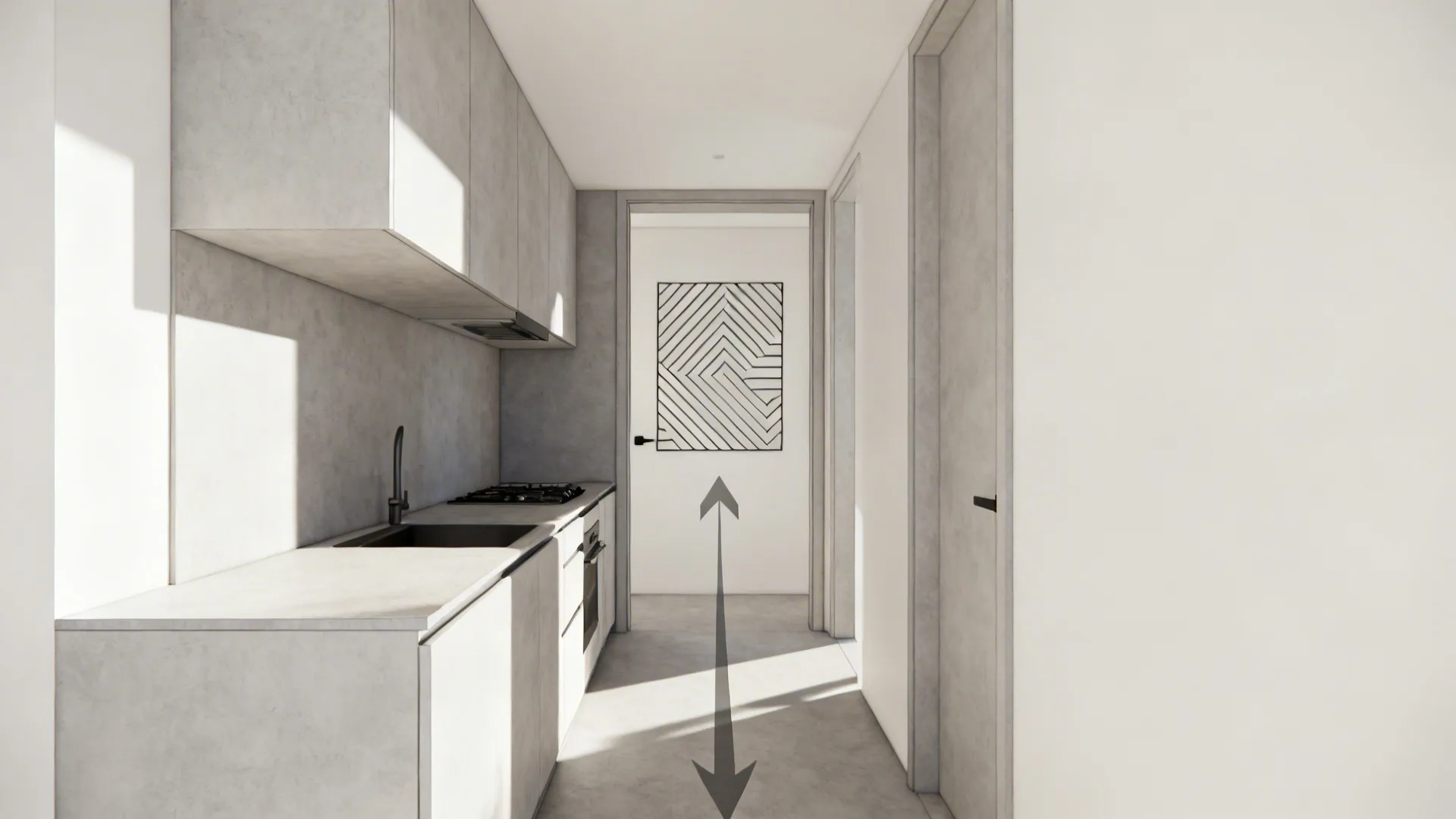 Top-down plan showing a galley kitchen with the geometric feature wall opposite the entry to maximize impact.