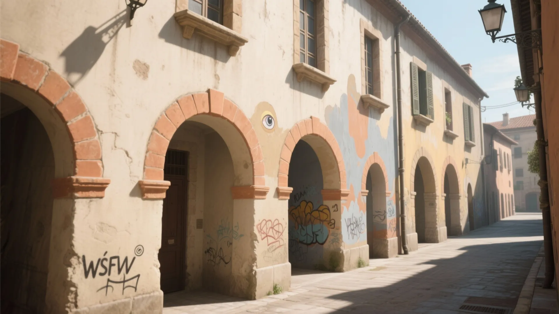 Street with old buildings featuring stone arches painted wall art graffiti and outdoor street lights