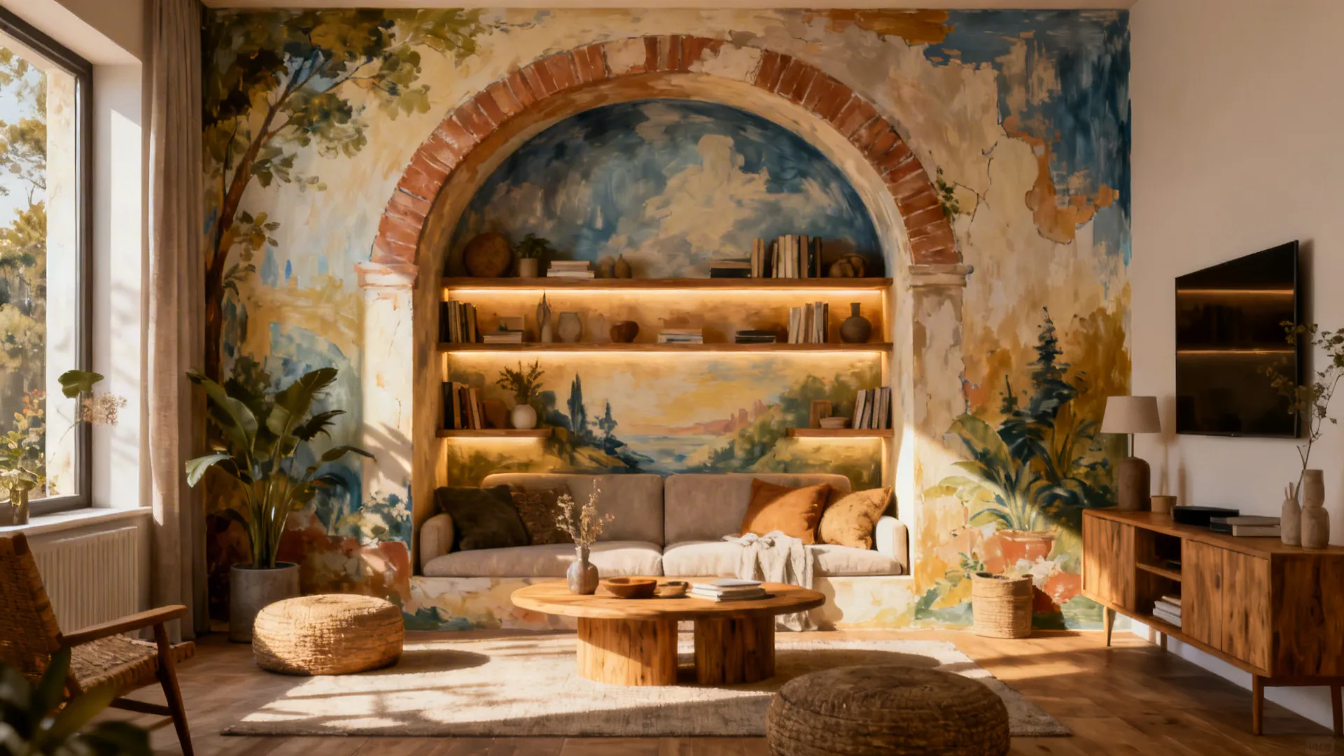 Studio living room with a trompe-l'oeil painted archway that creates playful depth.