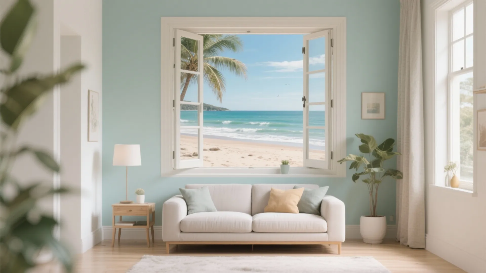 Living room with trompe-l'œil mural showing open beach view
