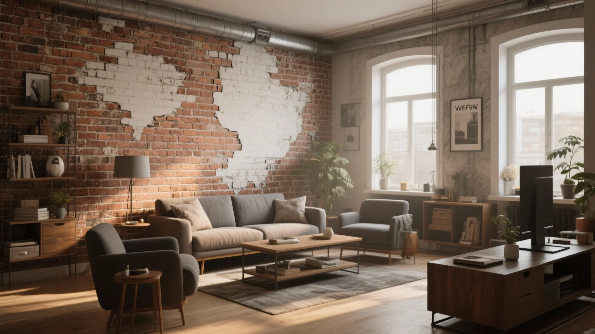 Industrial living room with exposed brick wall mural behind grey sofa wood table and windows