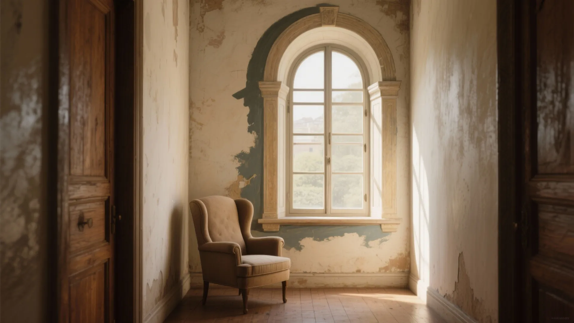 Single beige armchair placed near an arched window with sunlight in an old rustic room