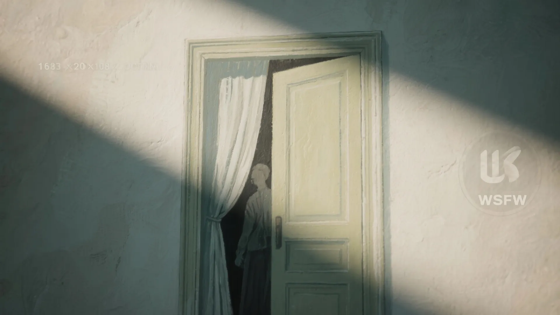 Wall painting showing a half open door with white curtain and person standing in shadow
