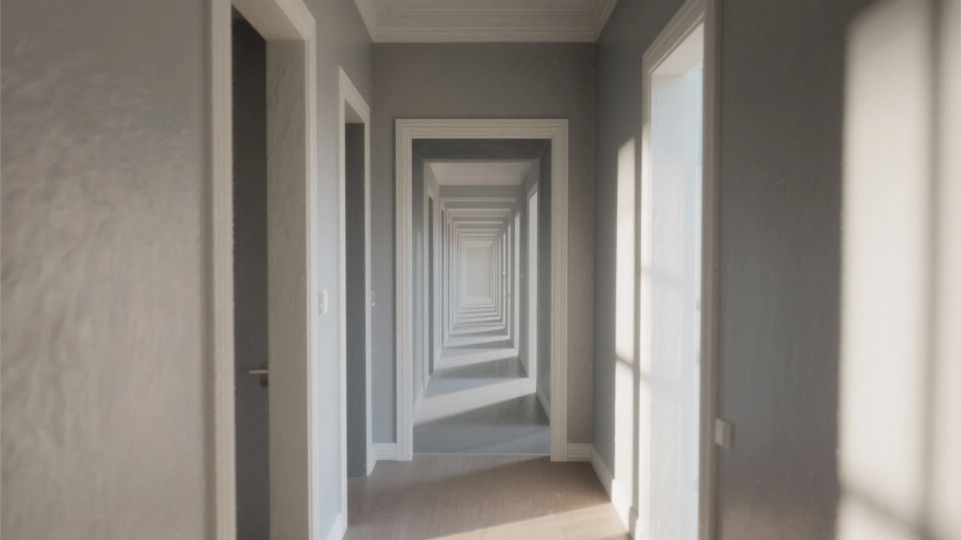 Long grey hallway with many white door frames creating a deep perspective view in home