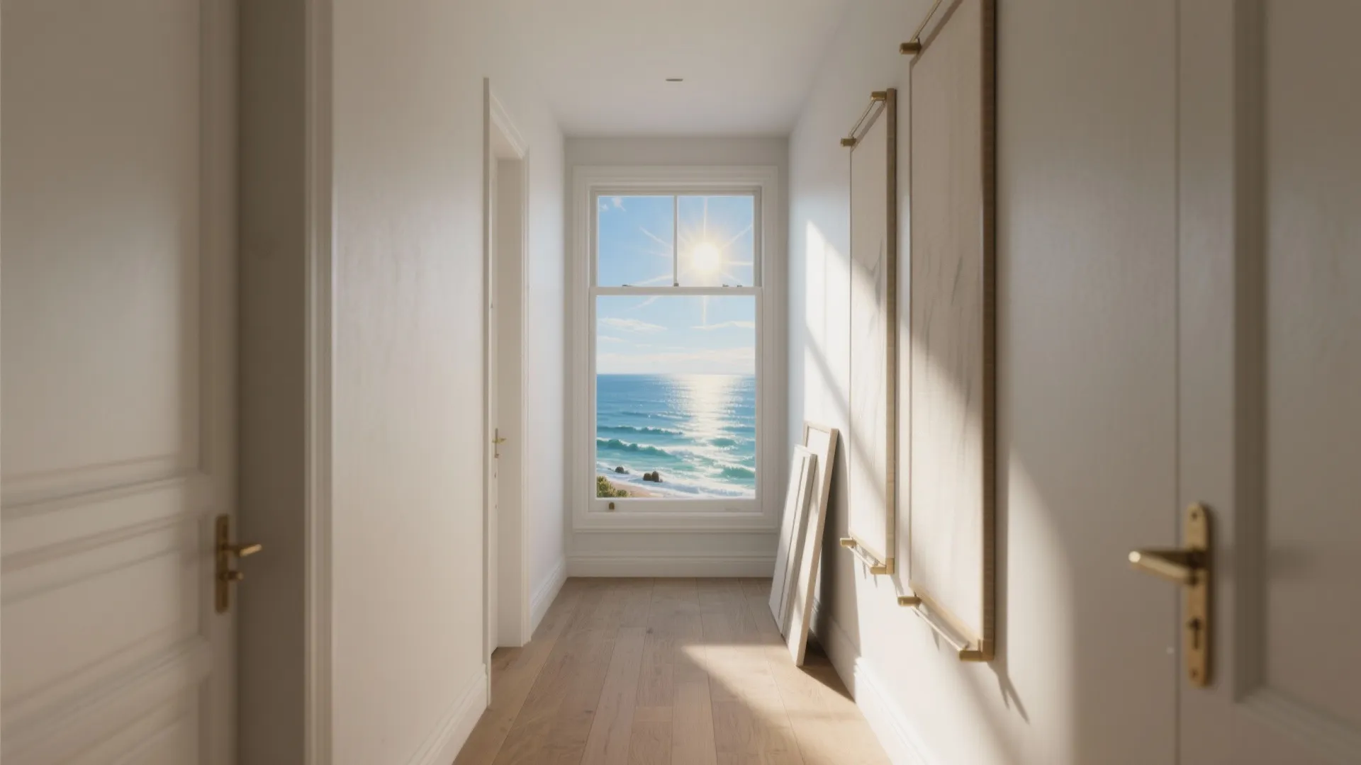 Bright white hallway with wooden floor leading to a window showing sunny blue ocean view