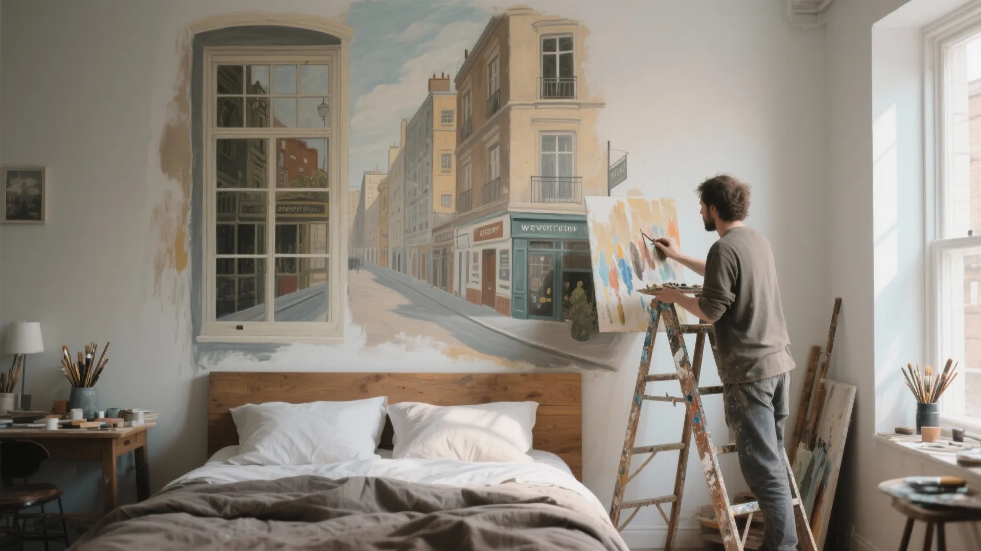 Artist on a ladder painting a street scene wall mural in a bedroom with large bed