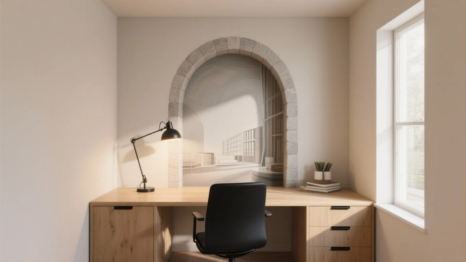 Modern wooden home office desk with black chair lamp and a stone arch wall mural