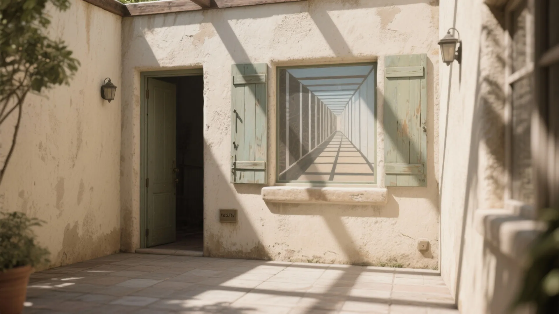 Outdoor courtyard with green open door and window featuring painted hallway perspective and wall lights