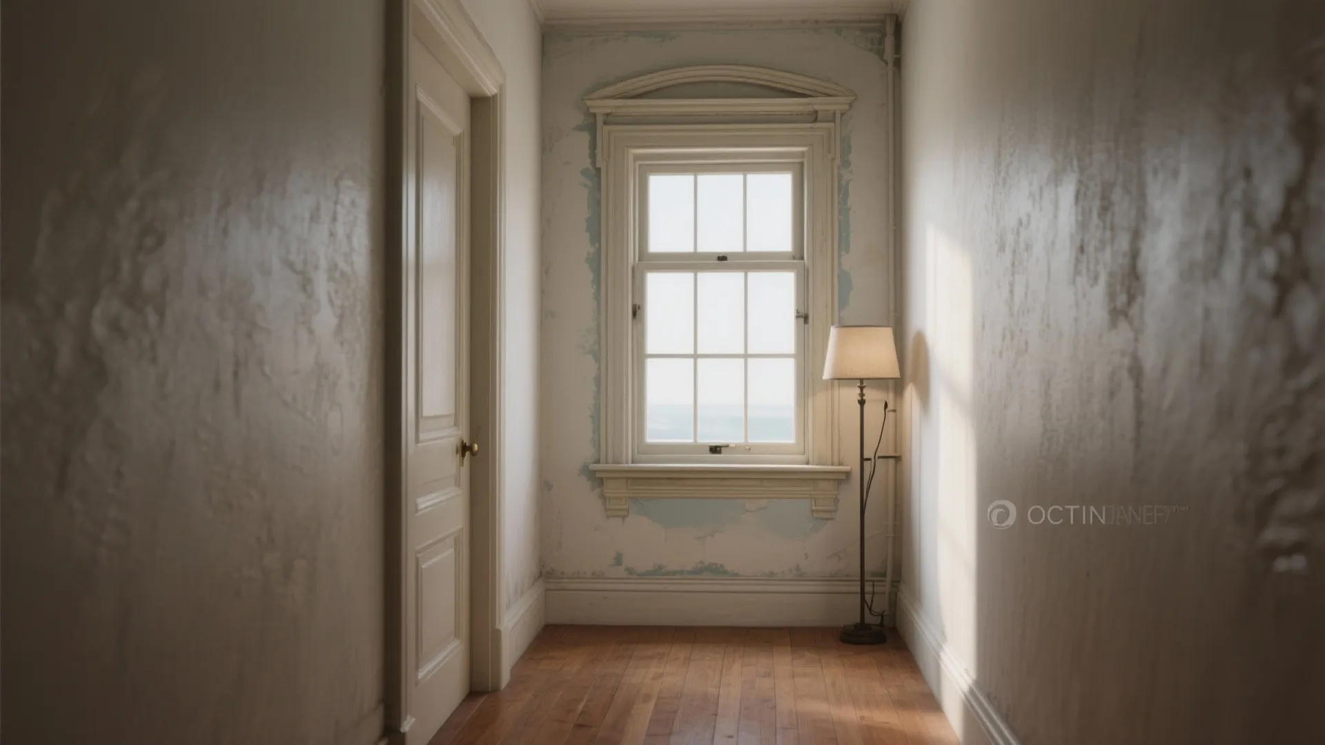 Narrow hallway with a scaled trompe-l'oeil faux window and architectural molding painted to add depth.
