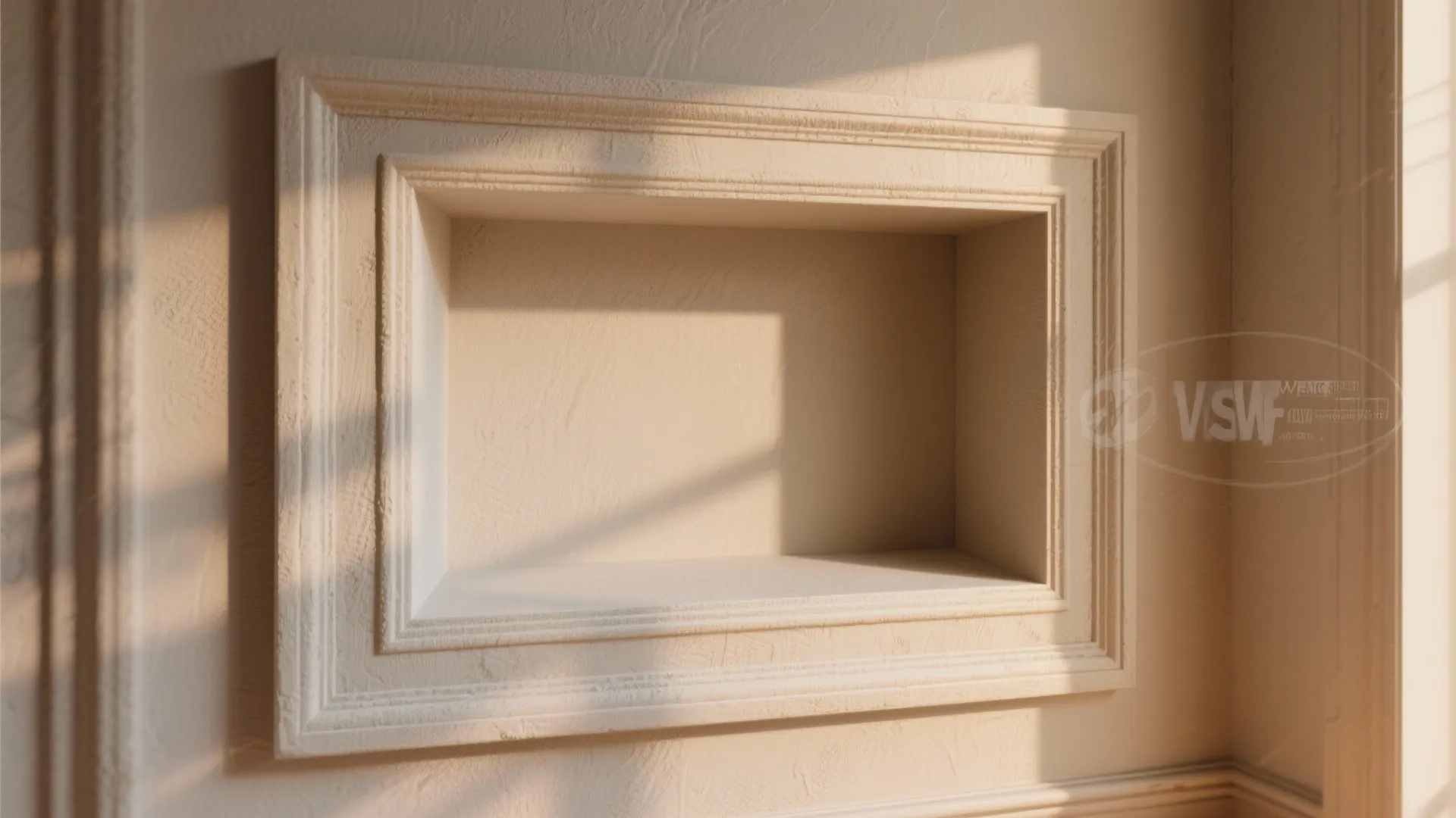 Empty recessed wall shelf with decorative white frame molding and warm natural sunlight shadow effects