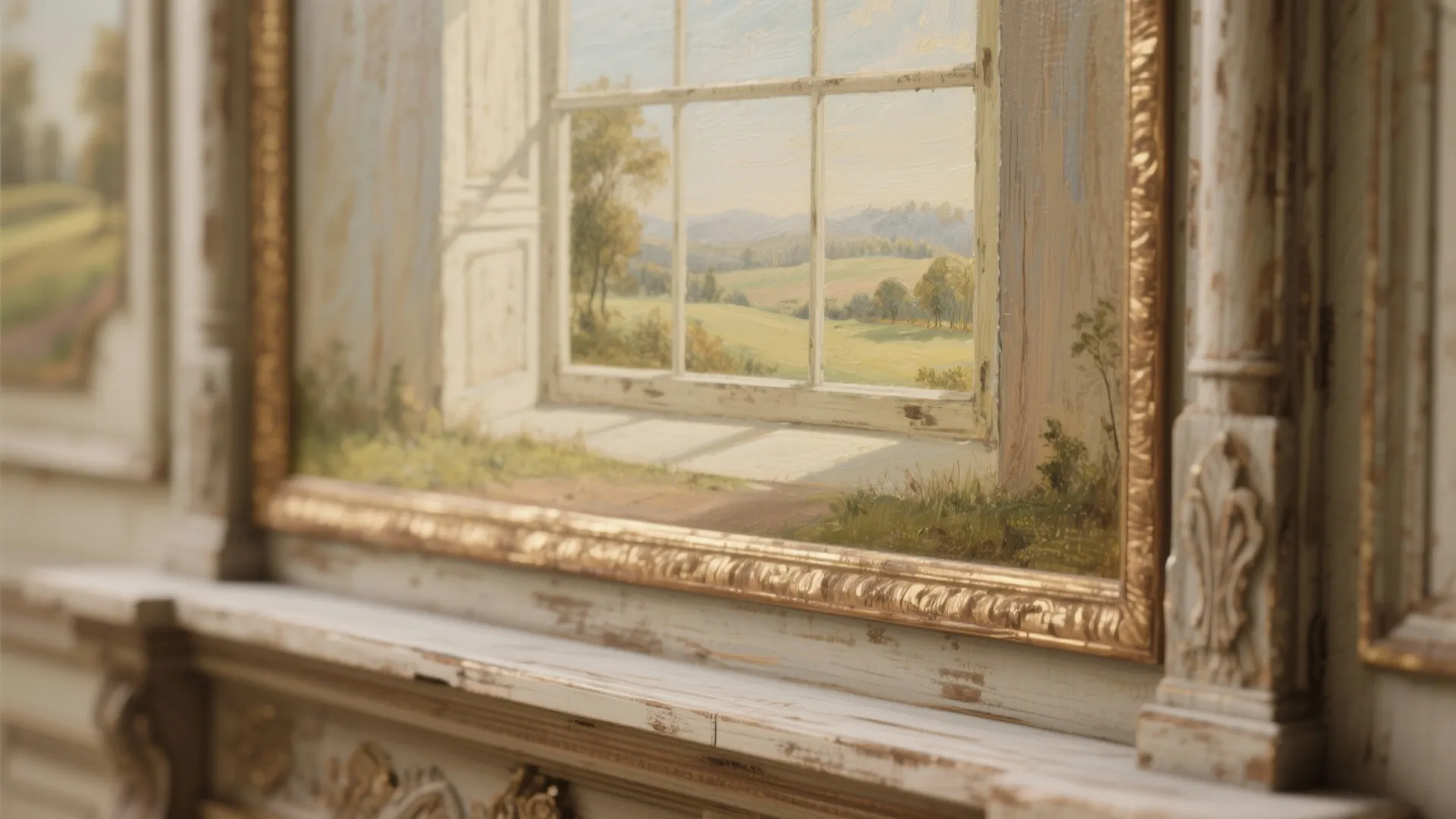 Vintage wall panel with a painting of a countryside view through a white window frame