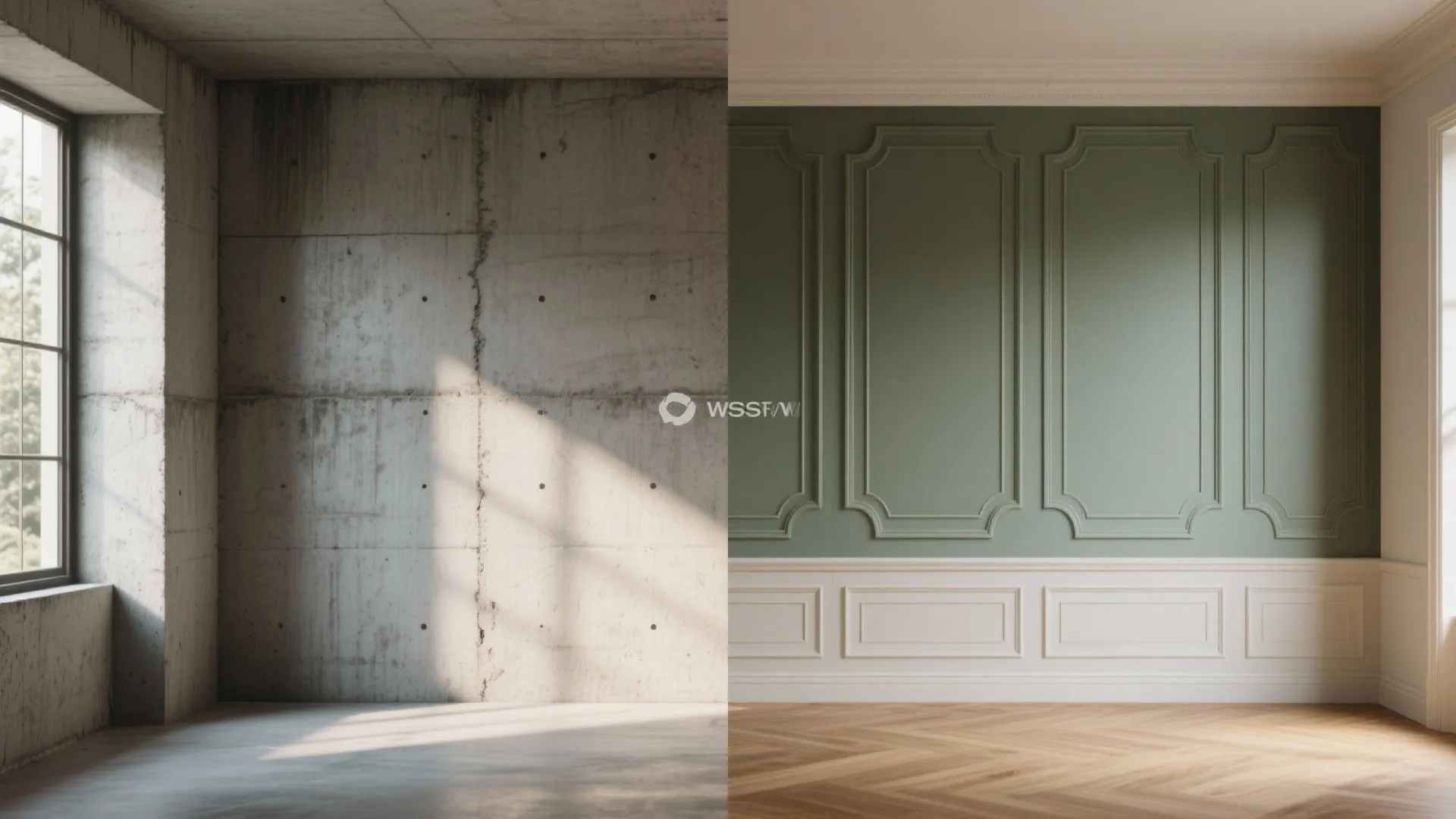 Split before-and-after of a concrete wall: raw concrete versus painted faux moulding panels creating depth.