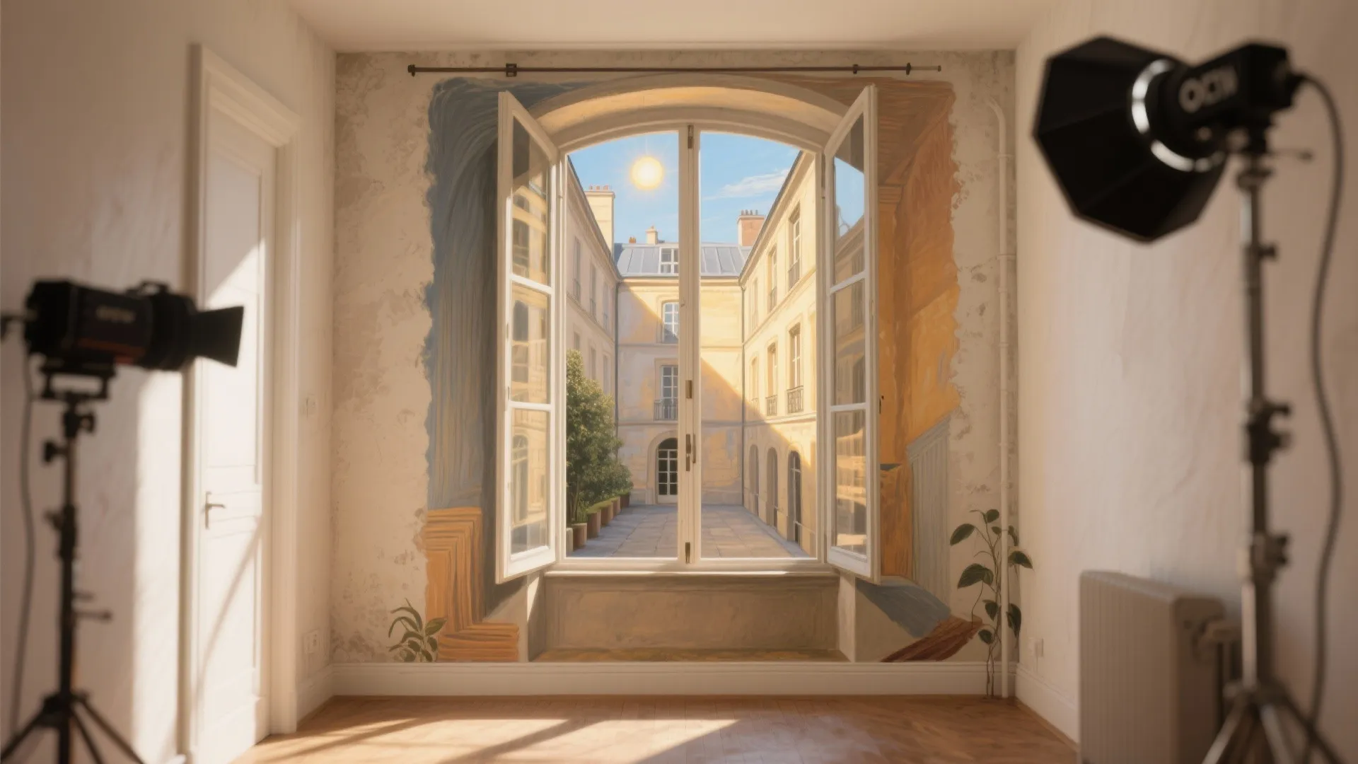 Empty room with wall painting of open window showing sunny courtyard view and studio lights