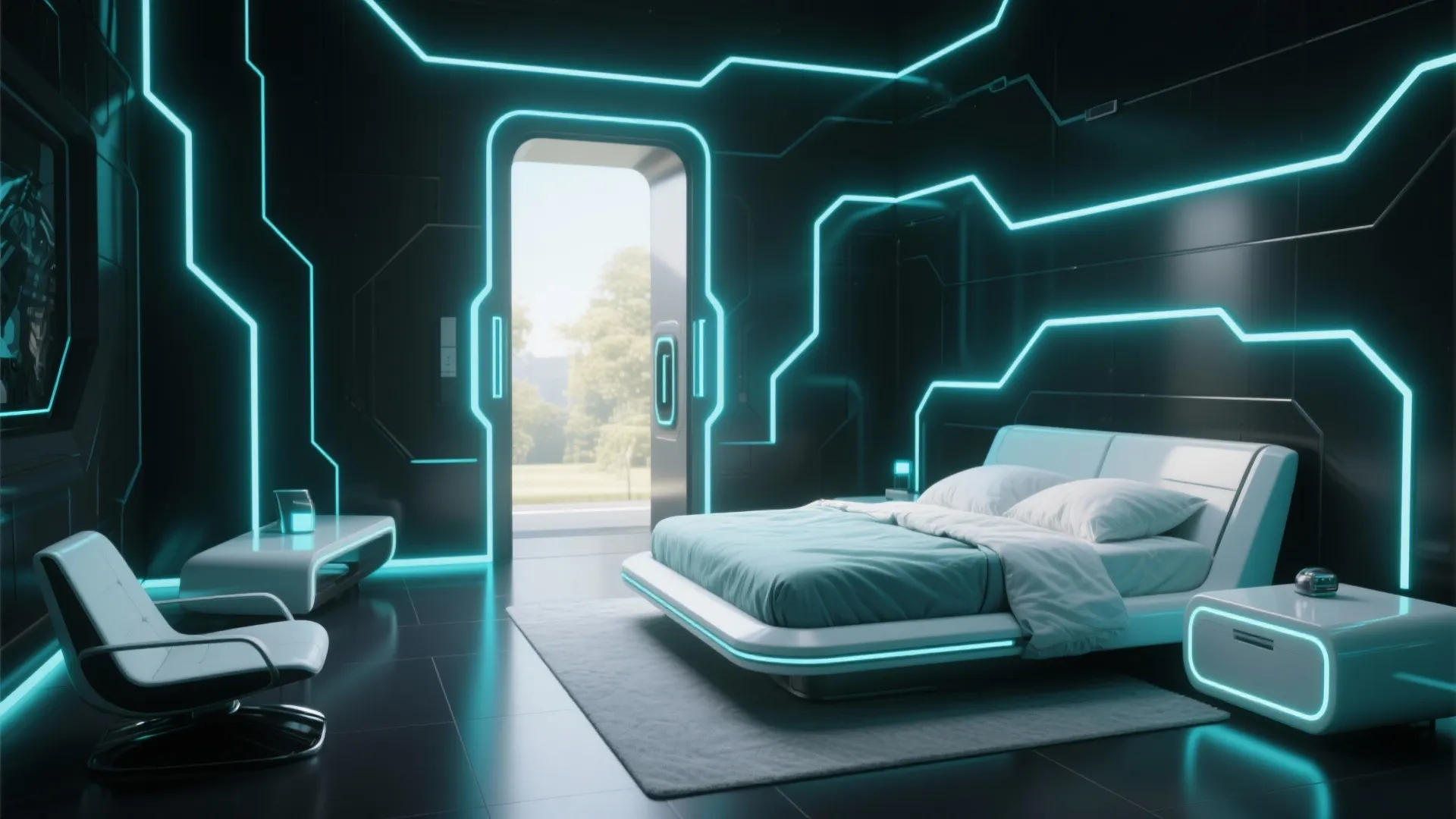 Futuristic dark bedroom featuring a white bed with blue neon lights and a modern chair