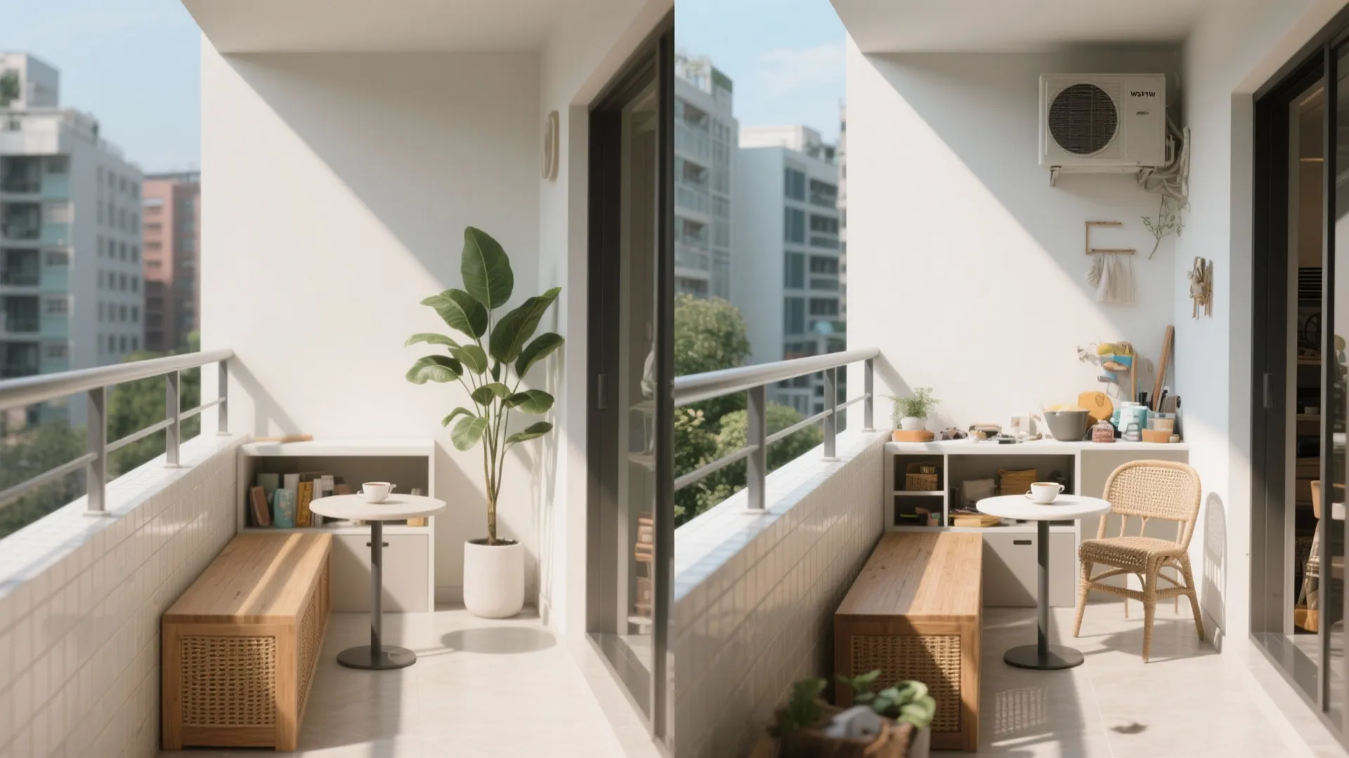 Split view of small Makati balcony before cluttered and after a light tropical minimalist redesign.