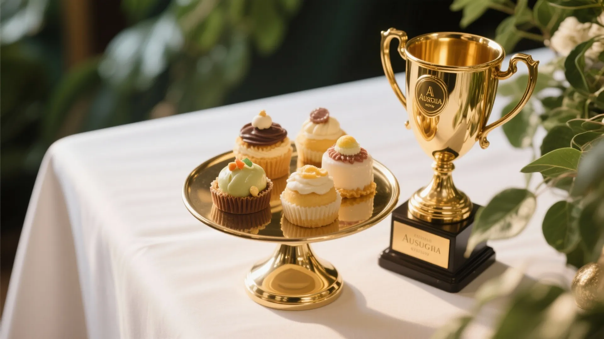 Gold trophy-shaped cake stand with desserts