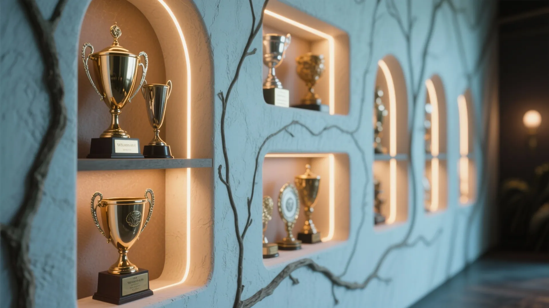 3. Trophy Display Nooks Built Around Branch Lines