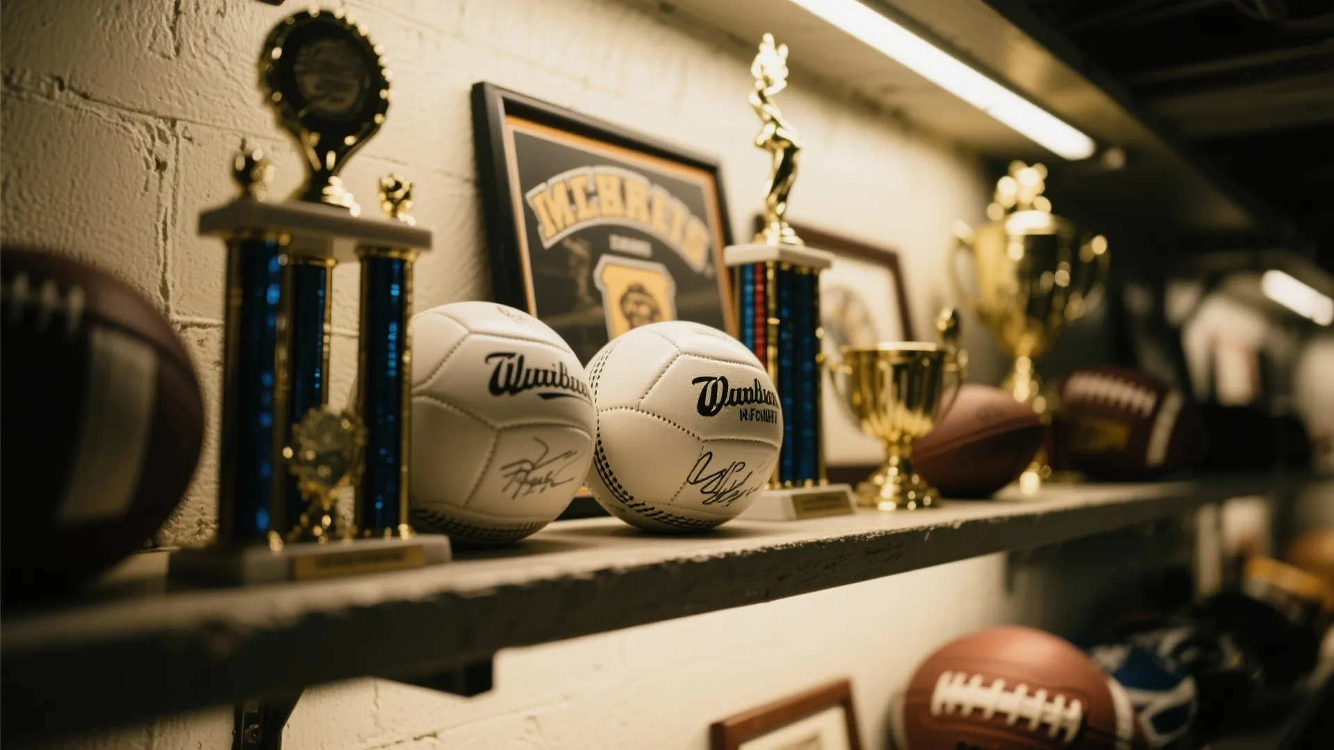 Close-up of basement shelf displaying sports trophies and memorabilia.