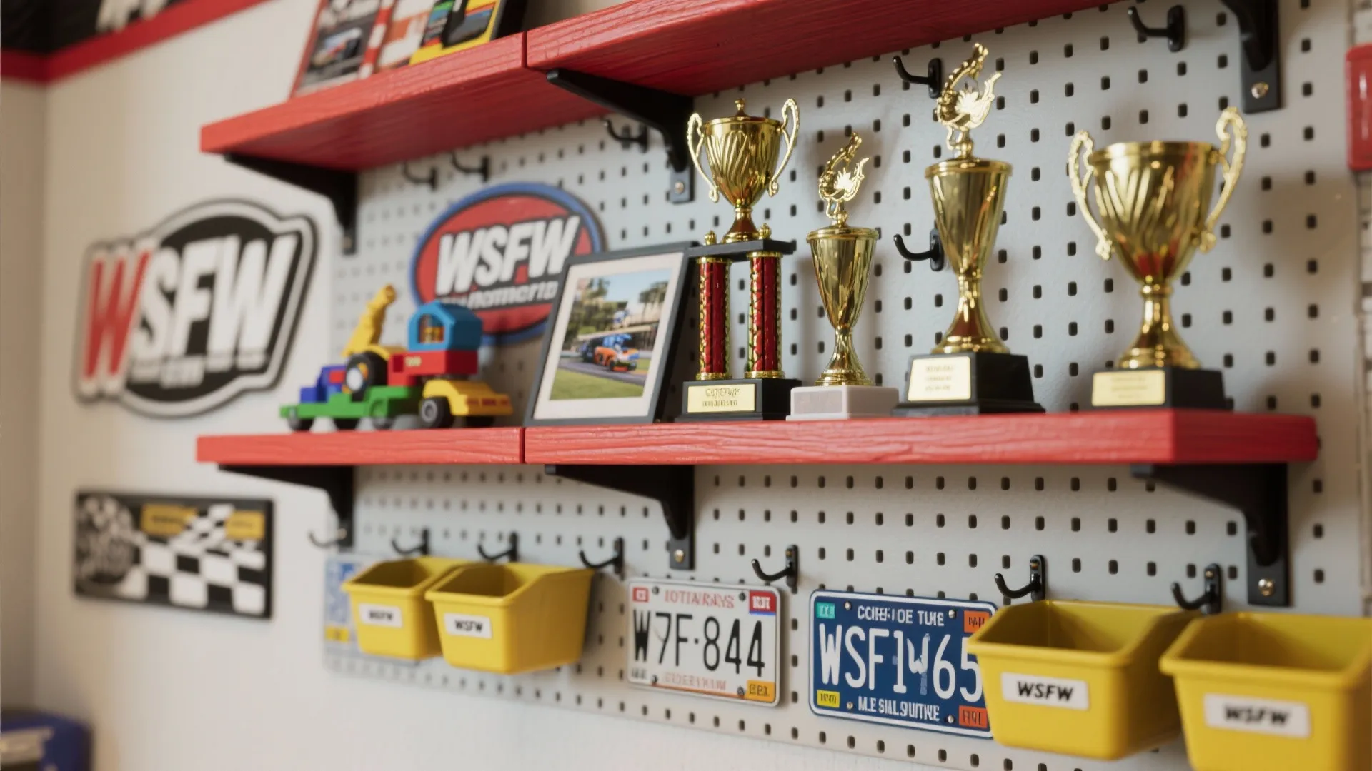 Red wall shelves on white pegboard displaying golden trophies toy cars and yellow storage bins