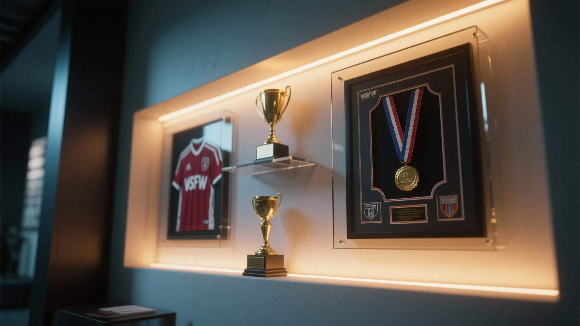 Close-up of a trophy alcove with framed jerseys, medals, thin shelves and warm LED strip lighting.
