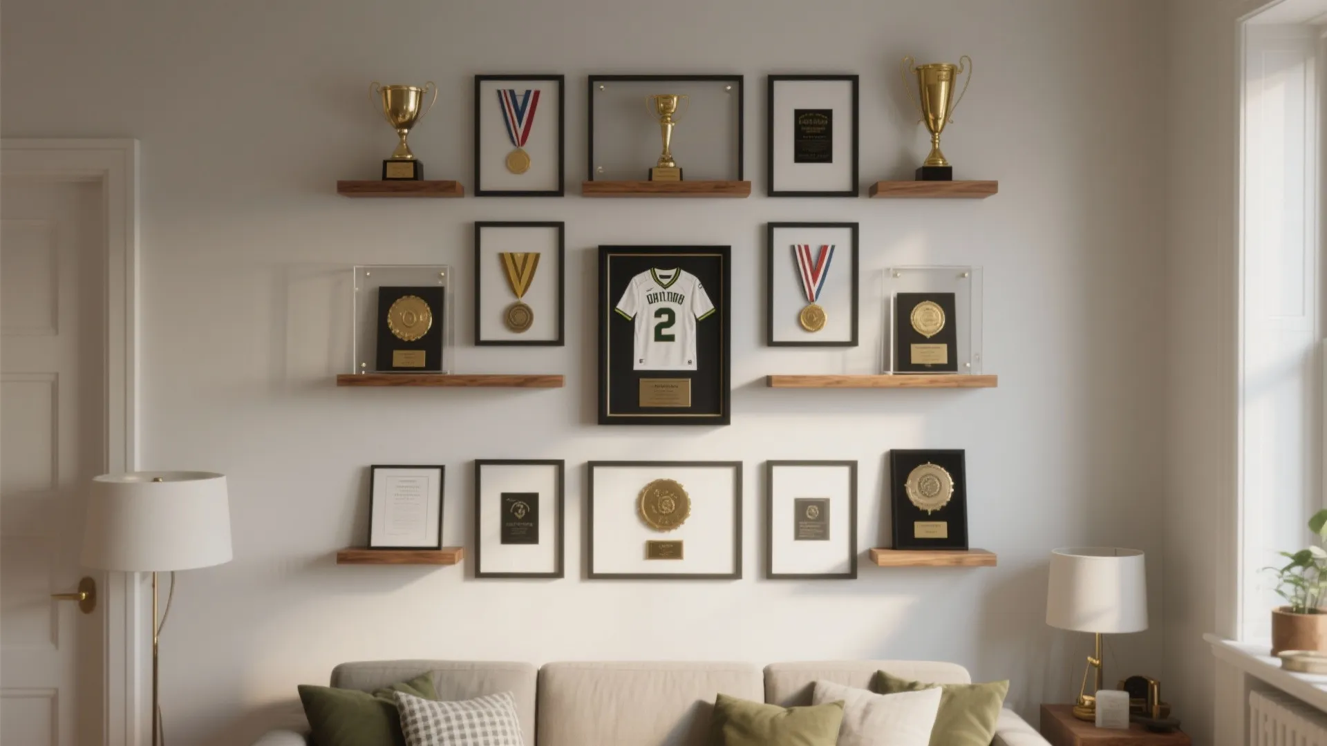 Trophy wall with framed jersey medals and gold awards on wooden shelves above a sofa