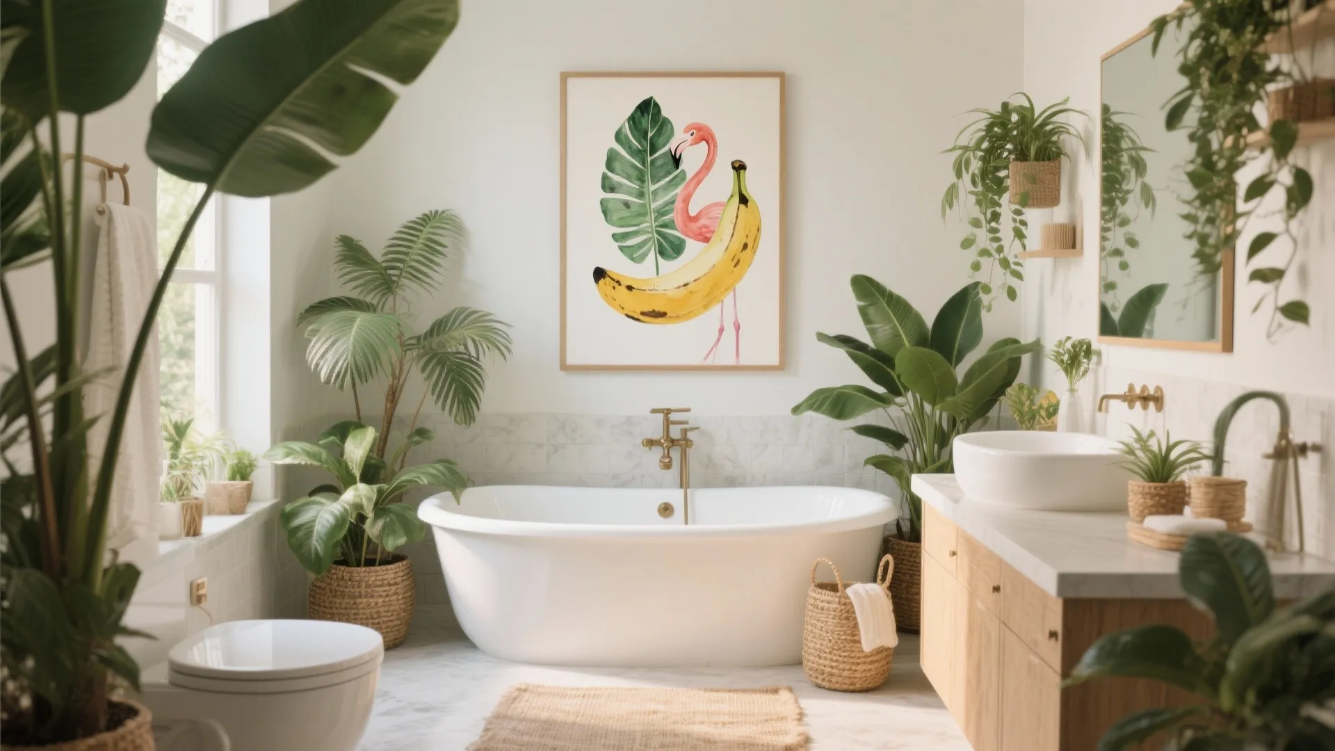 Bathroom with tropical art above the tub and plants